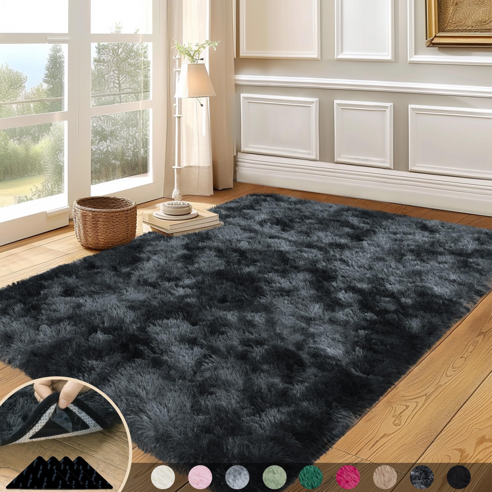 Mugorn 5x7 Rugs for Living Room, Large Fluffy Area Rugs for Bedroom, Soft Carpet Shag Kids Rug with 4 Non-Slip Rug Pads (Black G
