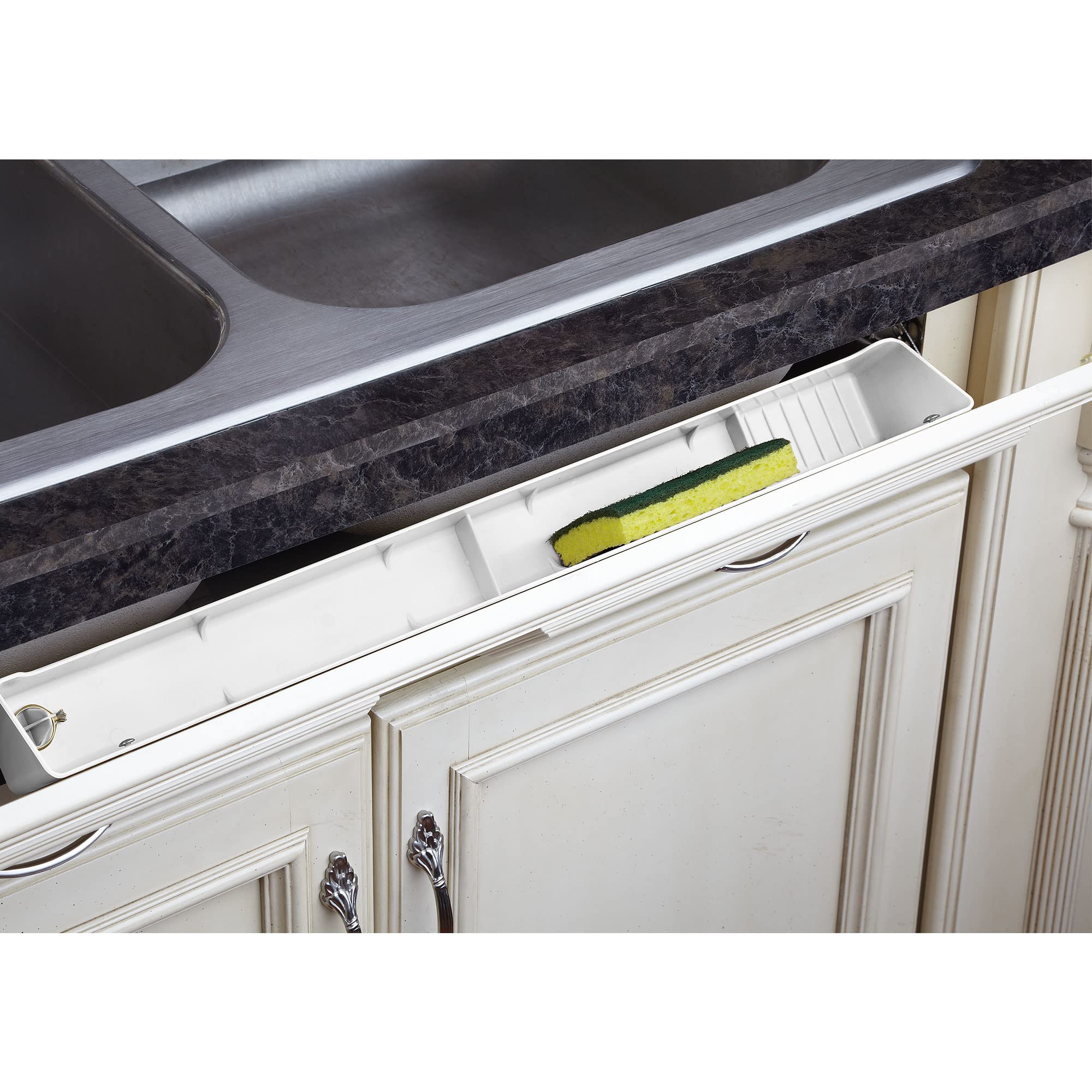 Rev-A-Shelf 24  Tip-Out Plastic Sink Tray For Kitchen And Bathroom Base Cabinets, Large Pullout Vanity Shelf Home Organizer, W
