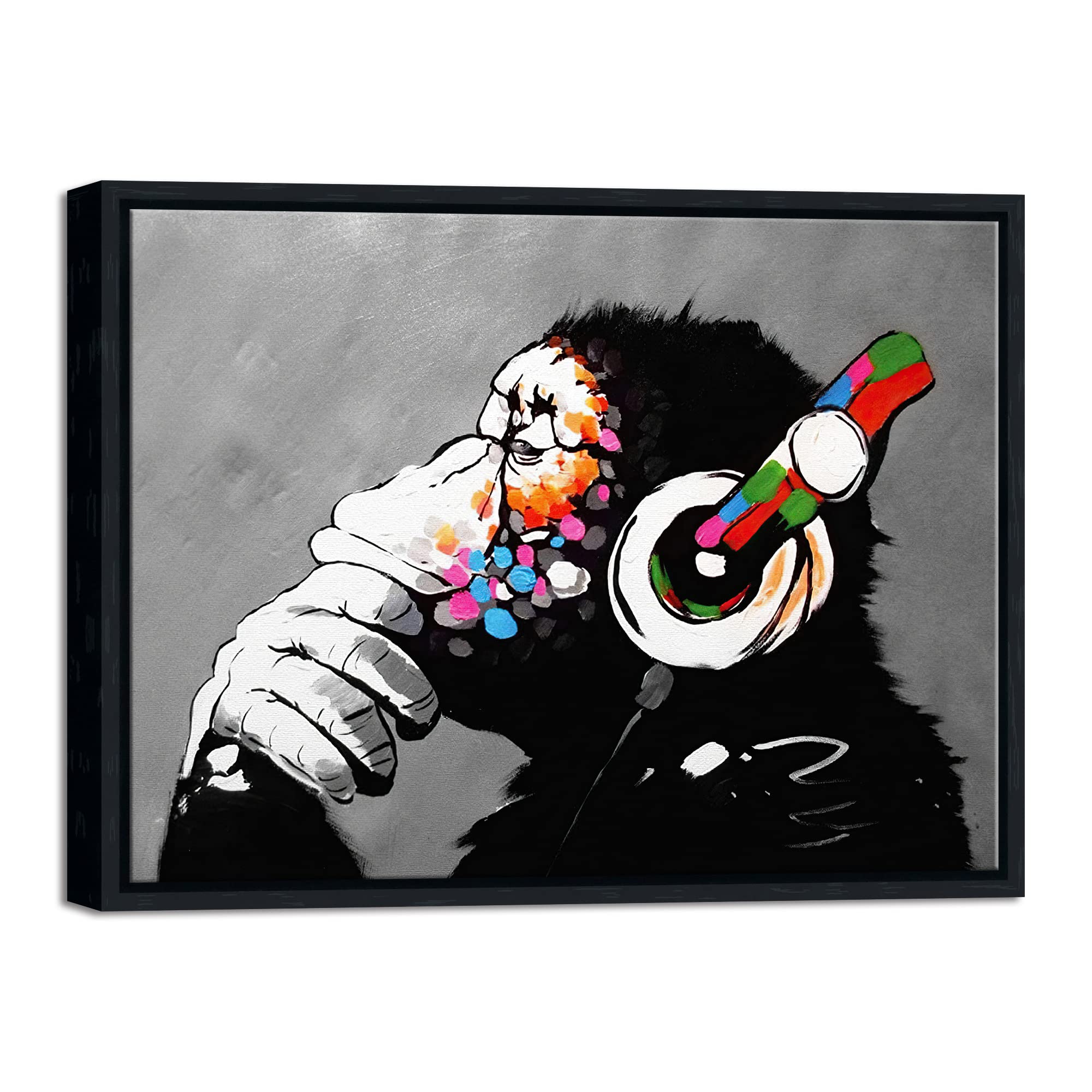 Wieco Art Black Framed Monkey With Headphones Banksy Graffiti Art Abstract Canvas Paintings Prints Animal Canvas Wall Art For Wa