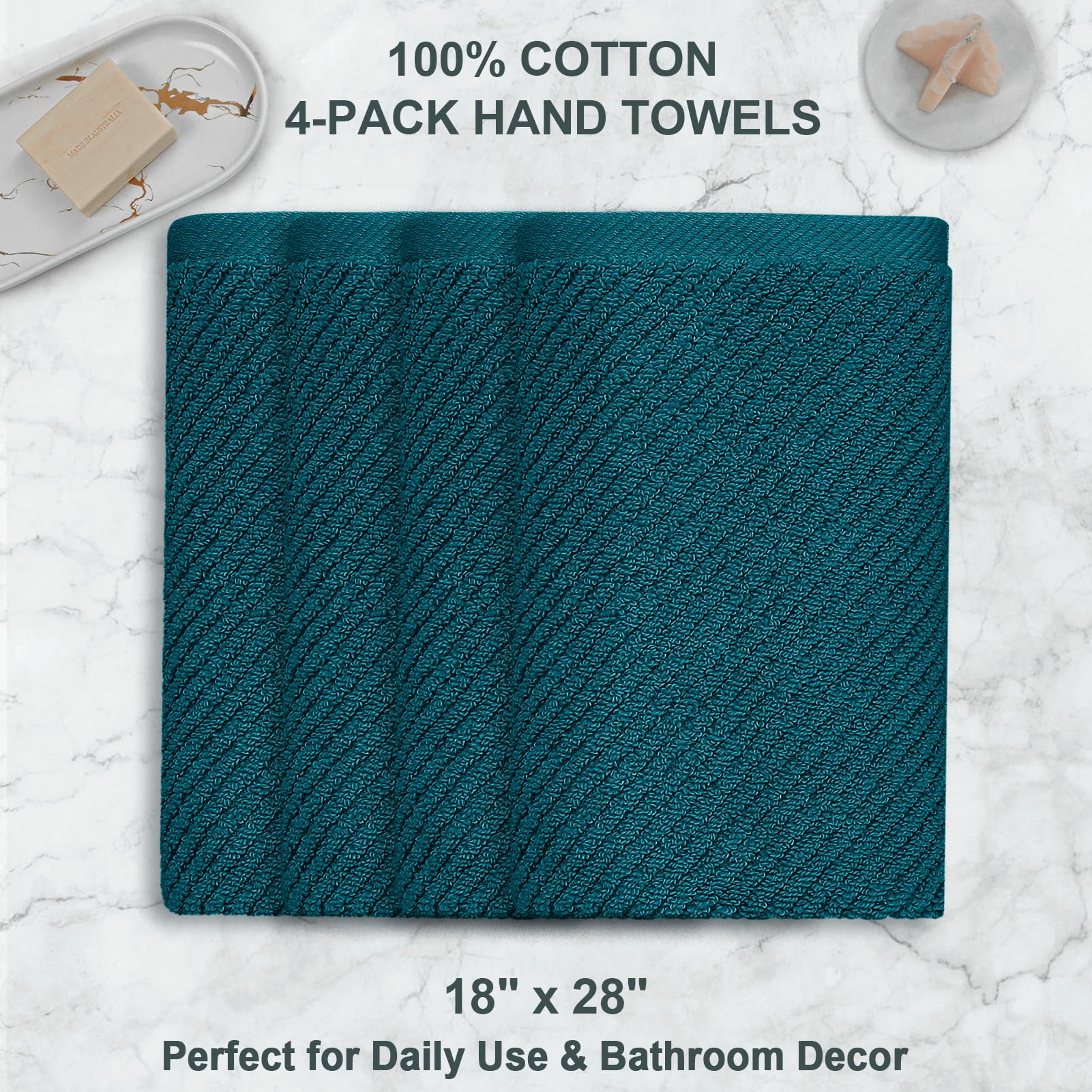Voova & Movas Bathroom Hand Towels - 4Pc Large 18'' X 28'', 100% Cotton | Lightweight | Thick | Quick Dry | Soft | Absorbent, Ha