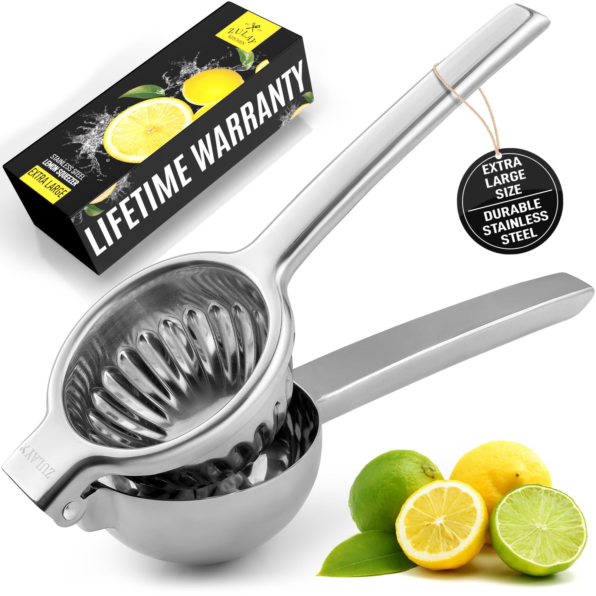 Zulay Extra Large Lemon Squeezer Stainless Steel - Easy Squeeze Heavy Duty Lemon Juicer Hand Press - Ergonomic Citrus Squeezer &