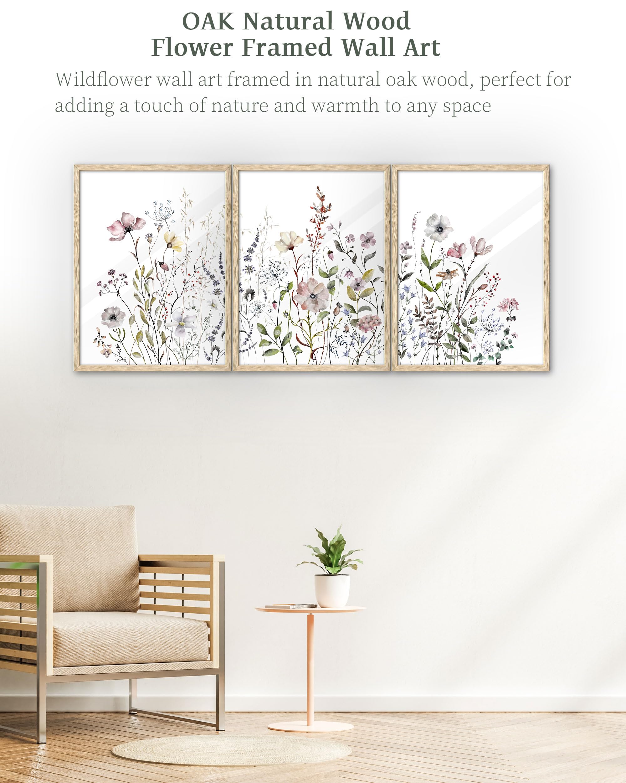 Ihery Natural Oak Wood Framed Combined Floral Wall Art, 12X16 In Set Of 3 Colorful Wildflower Canvas Prints, Beige Narrow Frame