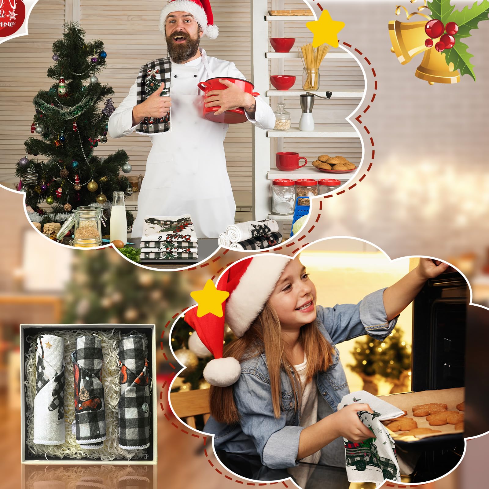 Hosuly 6 Pcs Christmas Kitchen Towels Black White Buffalo Plaid Dish Clothes Christmas Vintage Tea Towels Plaid Gnome Truck Xmas