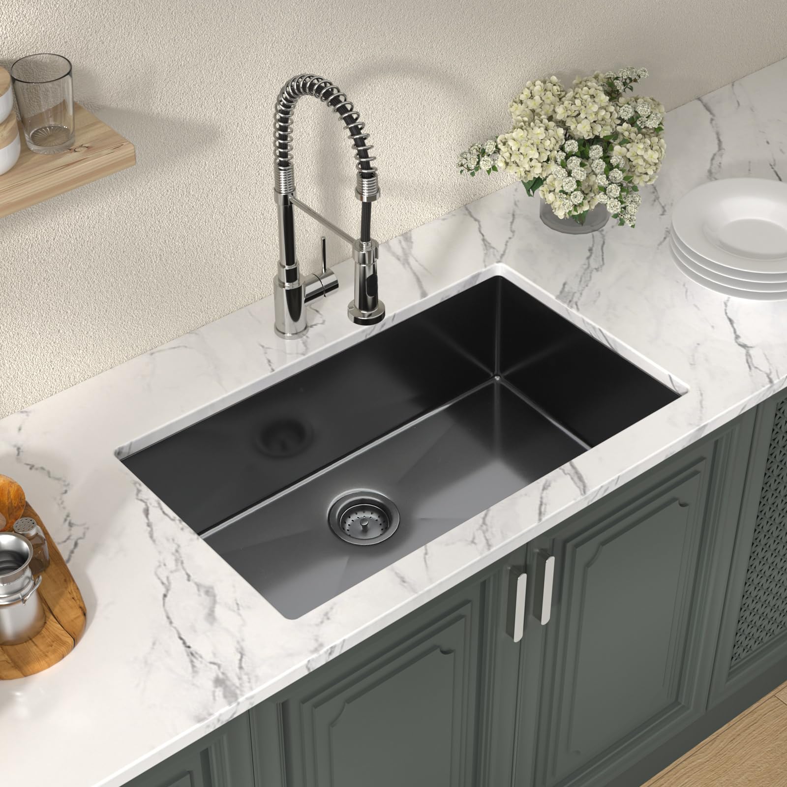 Lordear 30 Black Stainless Steel Kitchen Sink - 30X18 Inch Kitchen Sink Undermount 16 Gauge Stainless Steel Gunmetal Black Singl