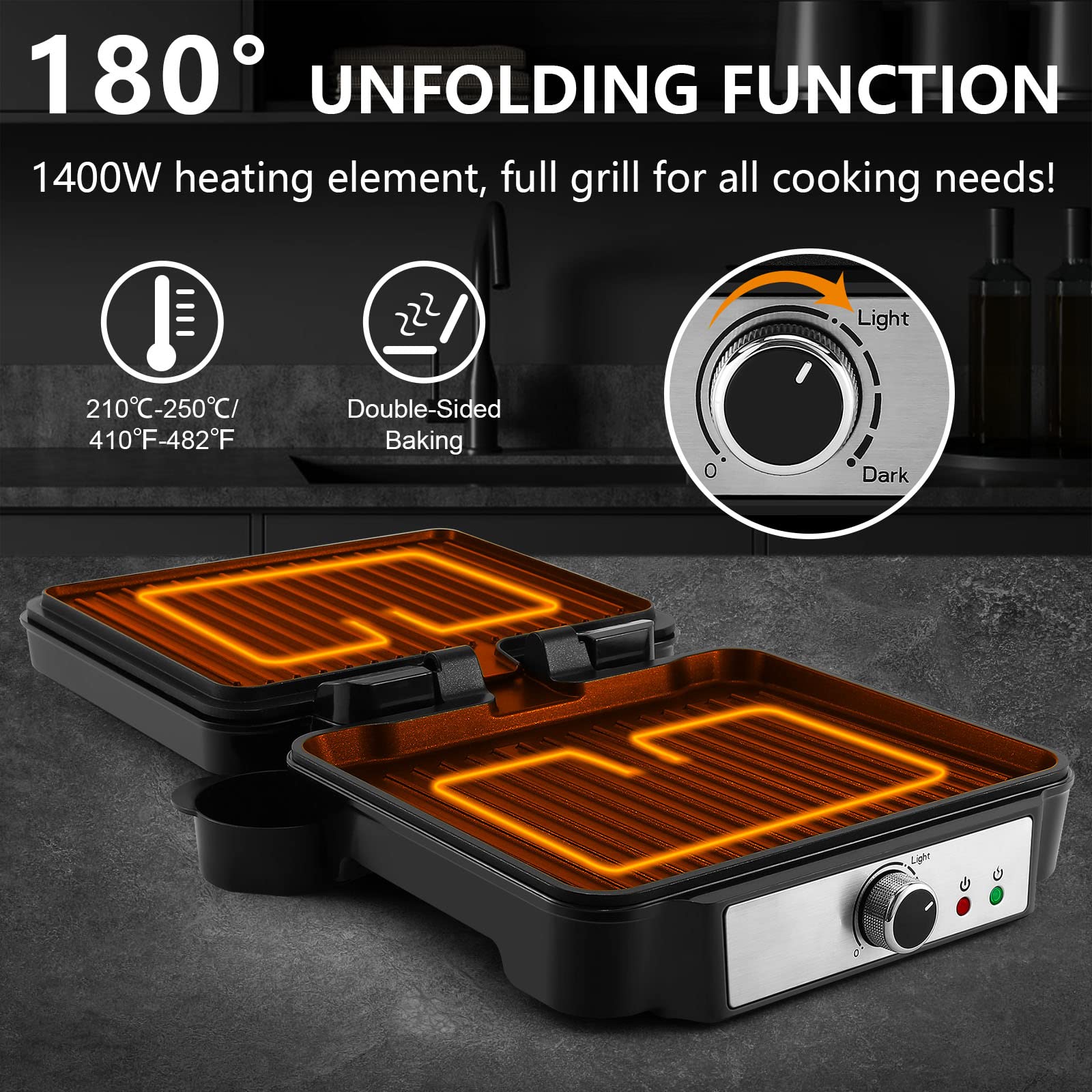 Monxook Panini Press Sandwich Maker, 4 Slices Panini Grill Non-Stick Coated Plates, Panini Makers With Temperature Control, Open