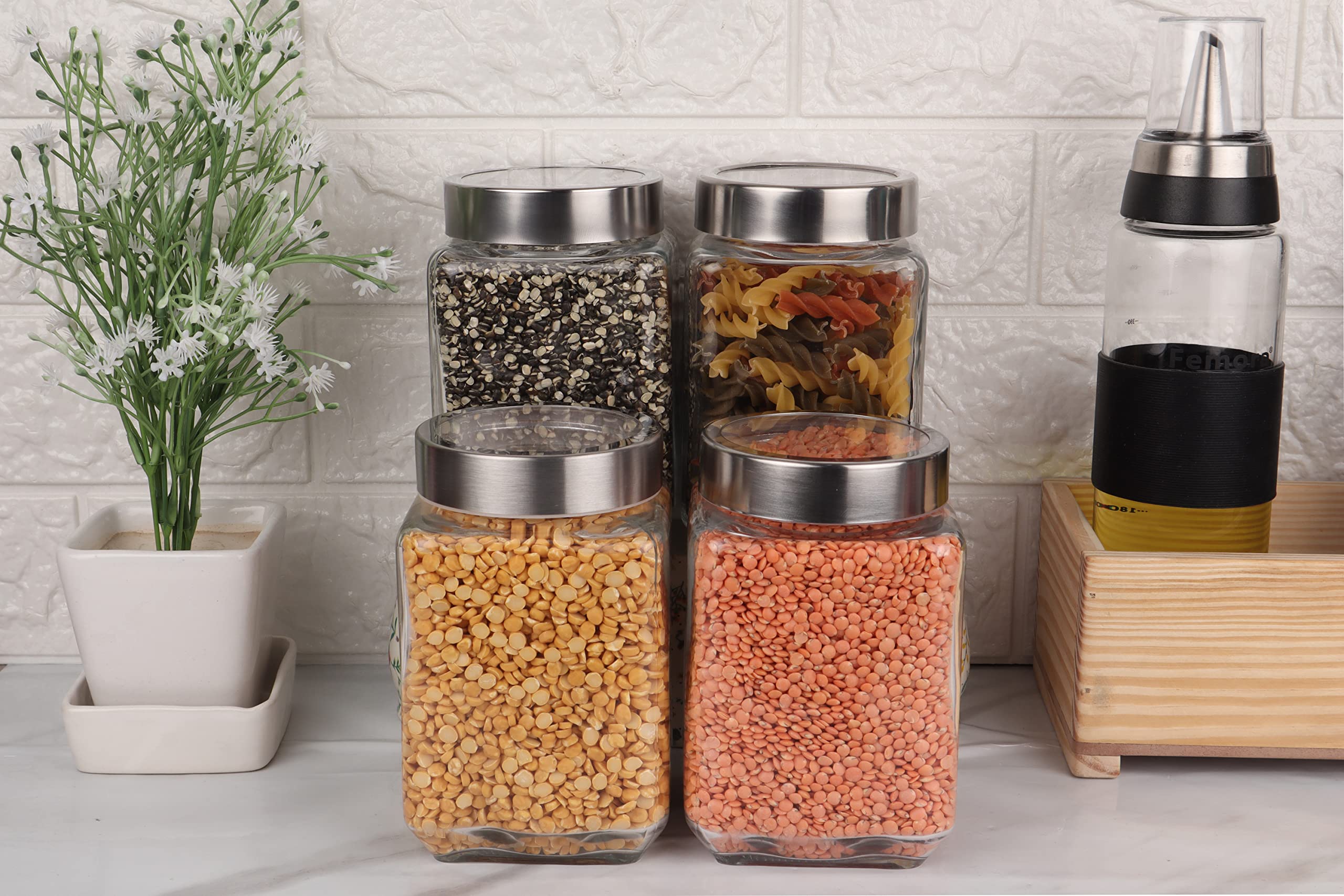 Femora Transperent Glass Jars For Kitchen| Kitchen Storage Jars| Glass Jars| 1 Year Warranty| Airtight| Jars For Snacks, Fry Foo