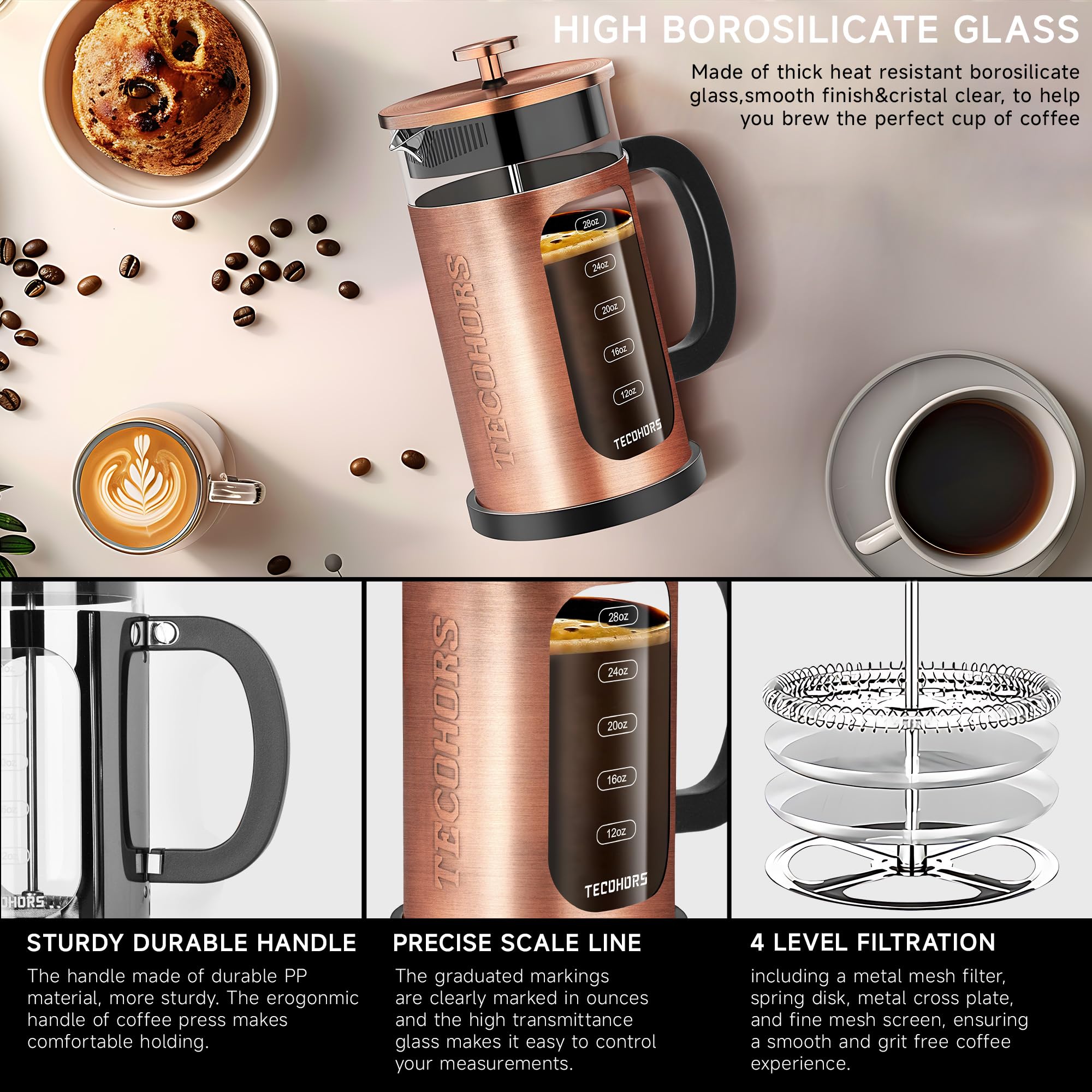 Tecohors French Press Coffee Maker 34Oz / 1 Quart 304 Stainless Steel Coffee Press,With 4 Filters System, Heat Resistant Thickne