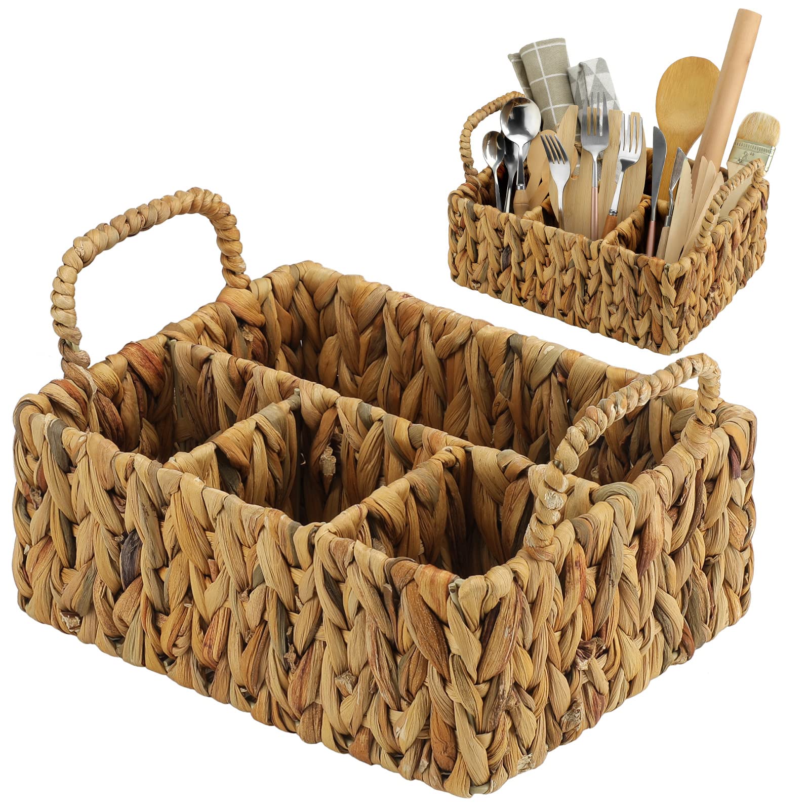 Glenmal Wicker Flatware Storage Basket Utensil Caddy Hand Woven Divided Cutlery Holder Kitchen Utensil Organizer Water Hyacinth