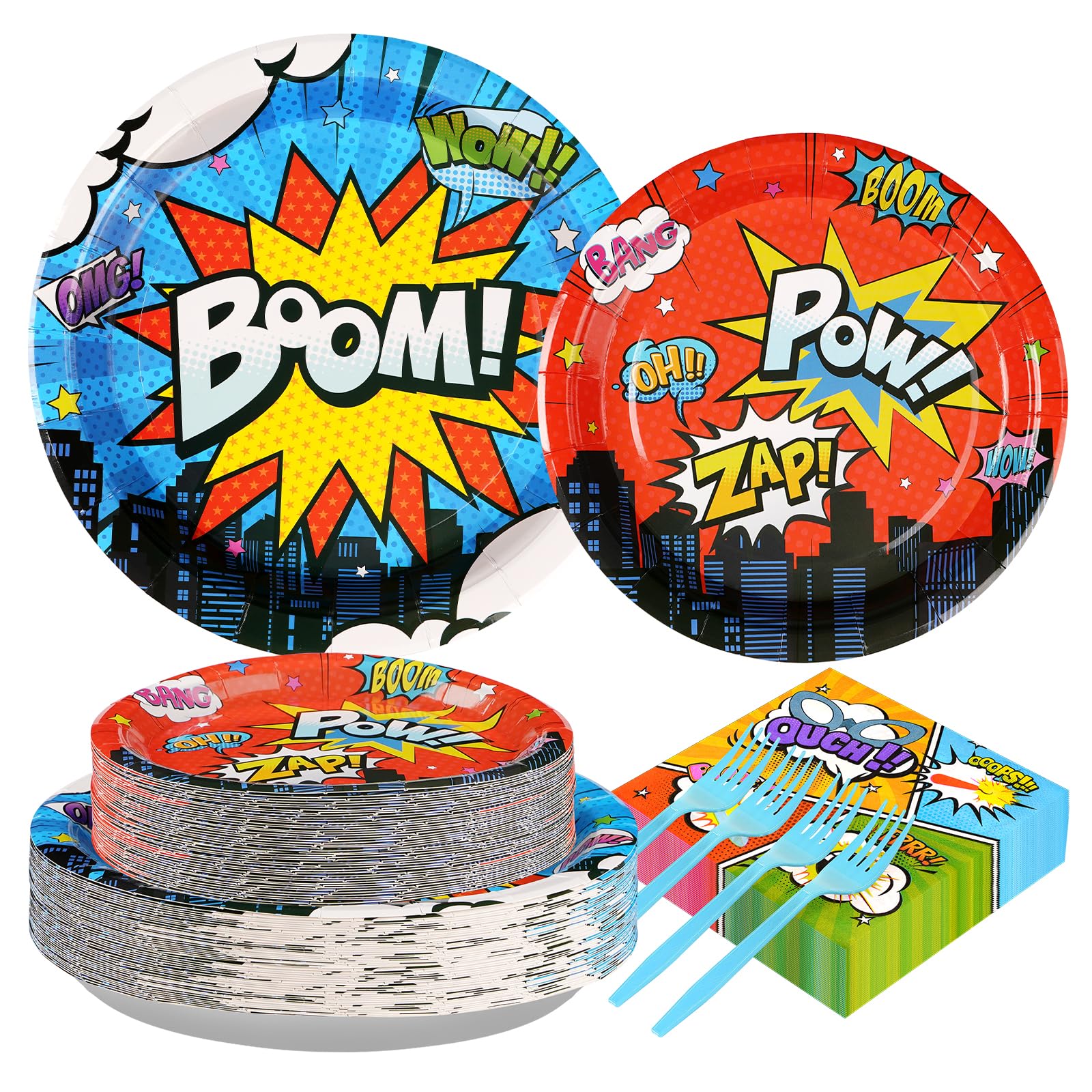 Grencian 200Pcs Super Theme Hero Party Decorations Colorful Super Theme Hero Plates and Napkins Disposable Heros Action Paper Ta