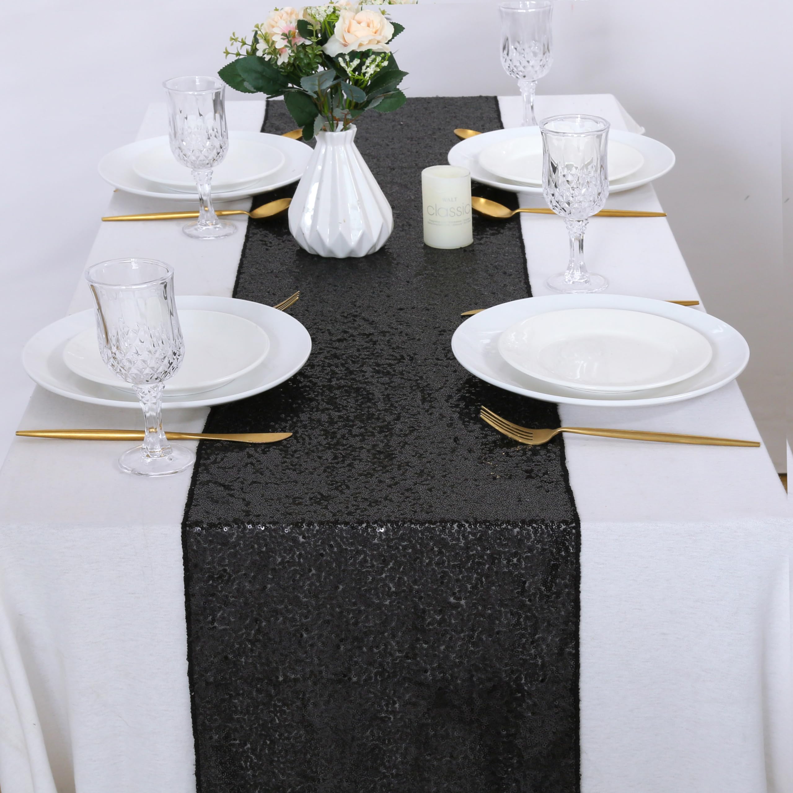 B-Cool Sequin Black Table Runner 12 Pack 12X72Inch Glitter Decoration Sparkly Fabric For Halloween Graduation Holiday Birthday O