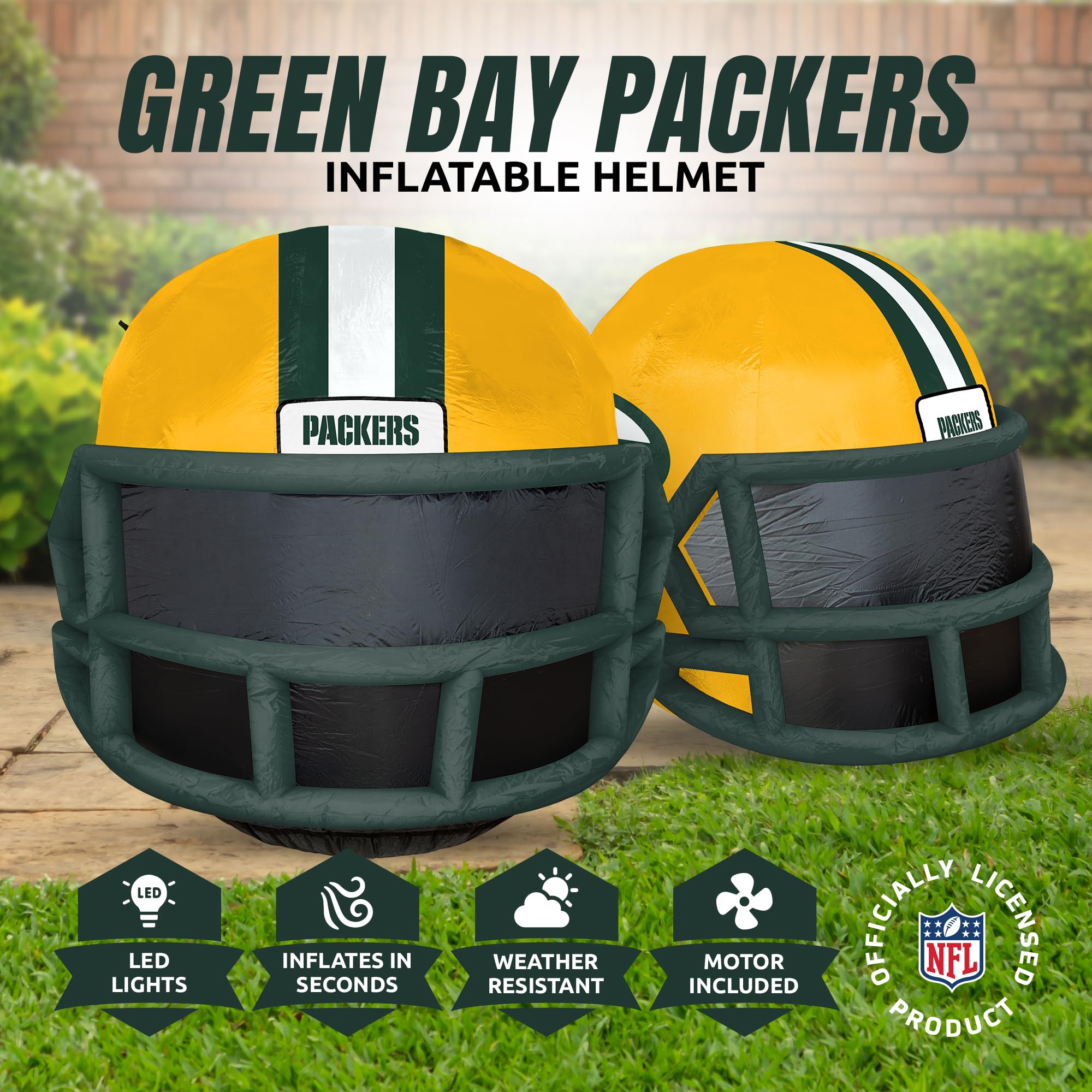 Sporticulture NFL Green Bay Packers 4ft Inflatable Helmet with LED Lights & Built-in Blower - Merchandise Decor Ideal for Lawn,