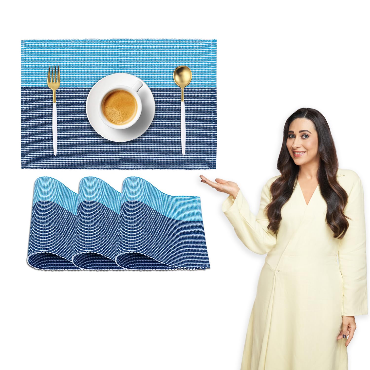 Hokipo Ribbed Cotton Placemats Set Of 6 Dining Table Mats, Resistance Blue