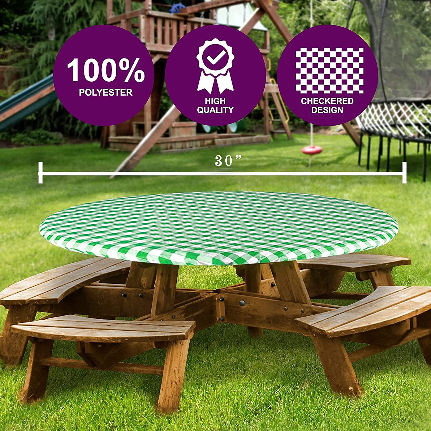 Sorfey Tablecloth -Fitted with Elastic  Vinyl with Flannel Back  Fits for Table 30 Inches Round Water Proof  Easy to Clean  Checked Green Design