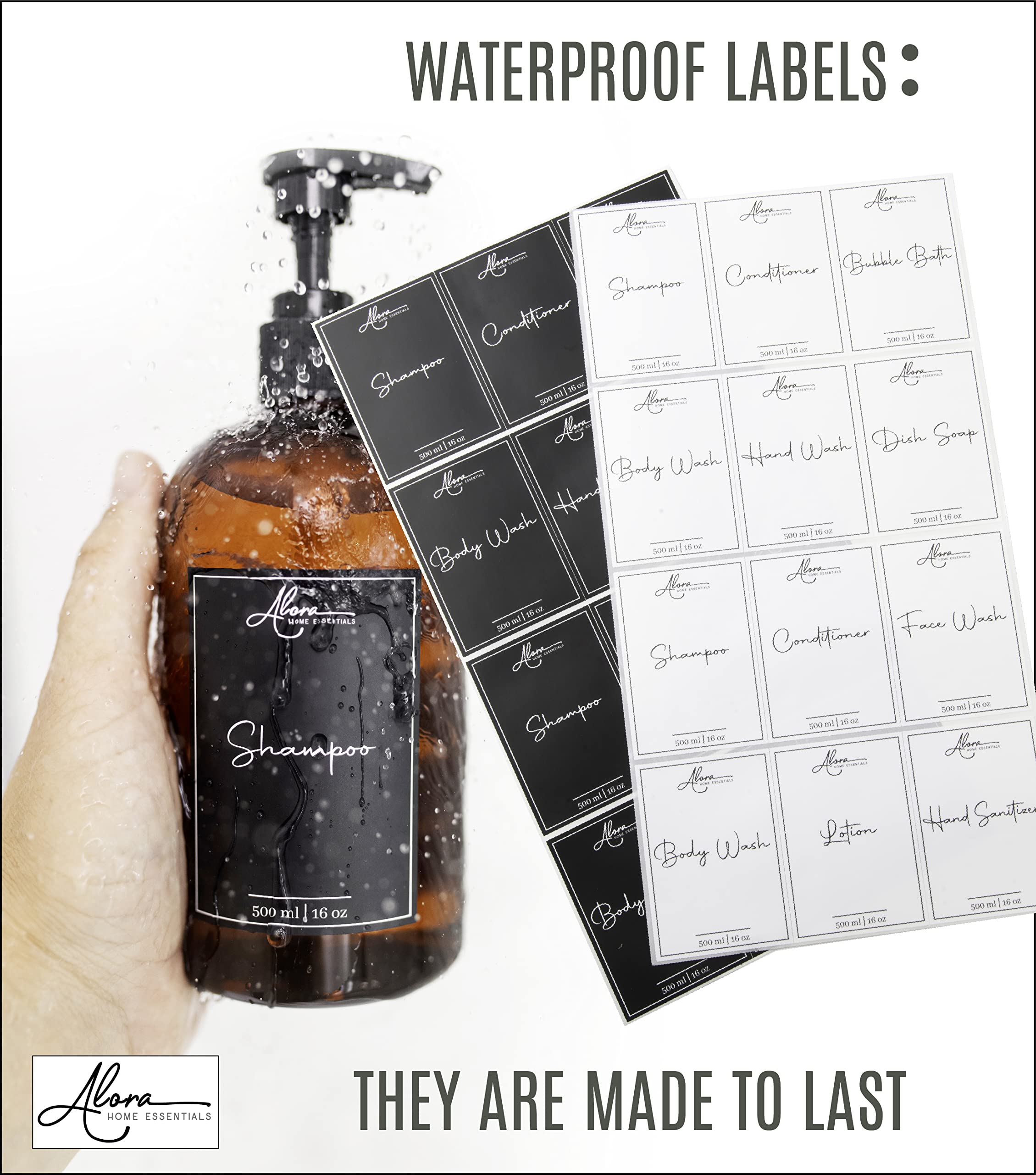 Alora 5-In-1 Apothecary Bottles For Home & Commercial Use - 16Oz Elegant 8.5X3In Refillable Amber Shampoo Storage, Handwash, Mas