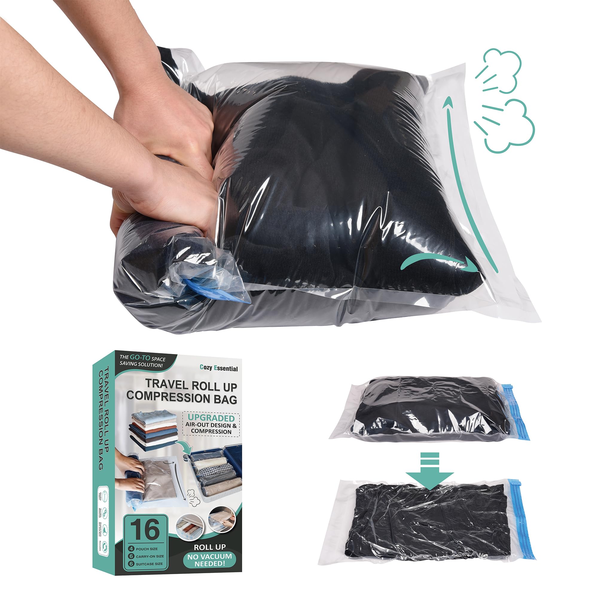 Compression Bags for Travel - Travel Essentials - 16 Pack Space Saver Bags - No Vacuum Needed - Compression Packing Bags for Cru