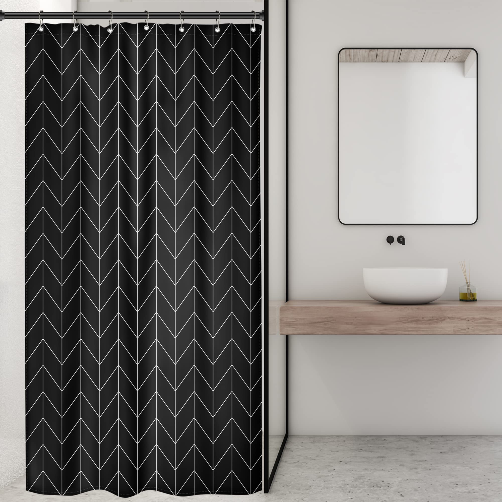 Riyidecor Small Shower Curtain Stall Black Half Size Herringbone 36x72 Inch Chevron Geometric Striped Single Tiny Skinny Narrow 7 Pack Hooks Dorm Decor Fabric Bathroom Set Polyester Waterproof
