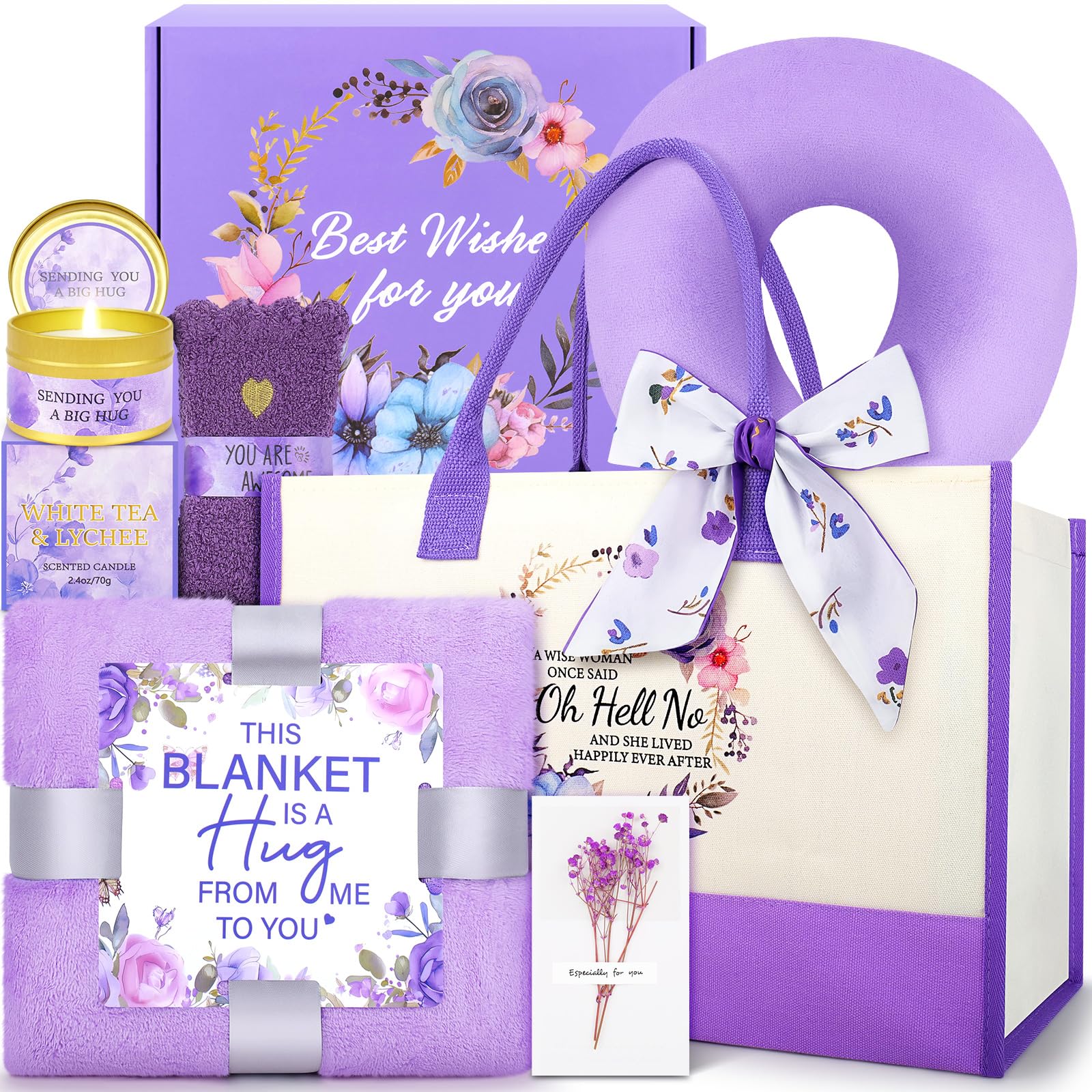 Birthday Gifts for Women -Purple Happy Birthday Gift Basket for Mom, Wife, Girlfriend, Sister, Her, Pillow/Blanket/Tote Bag/Self