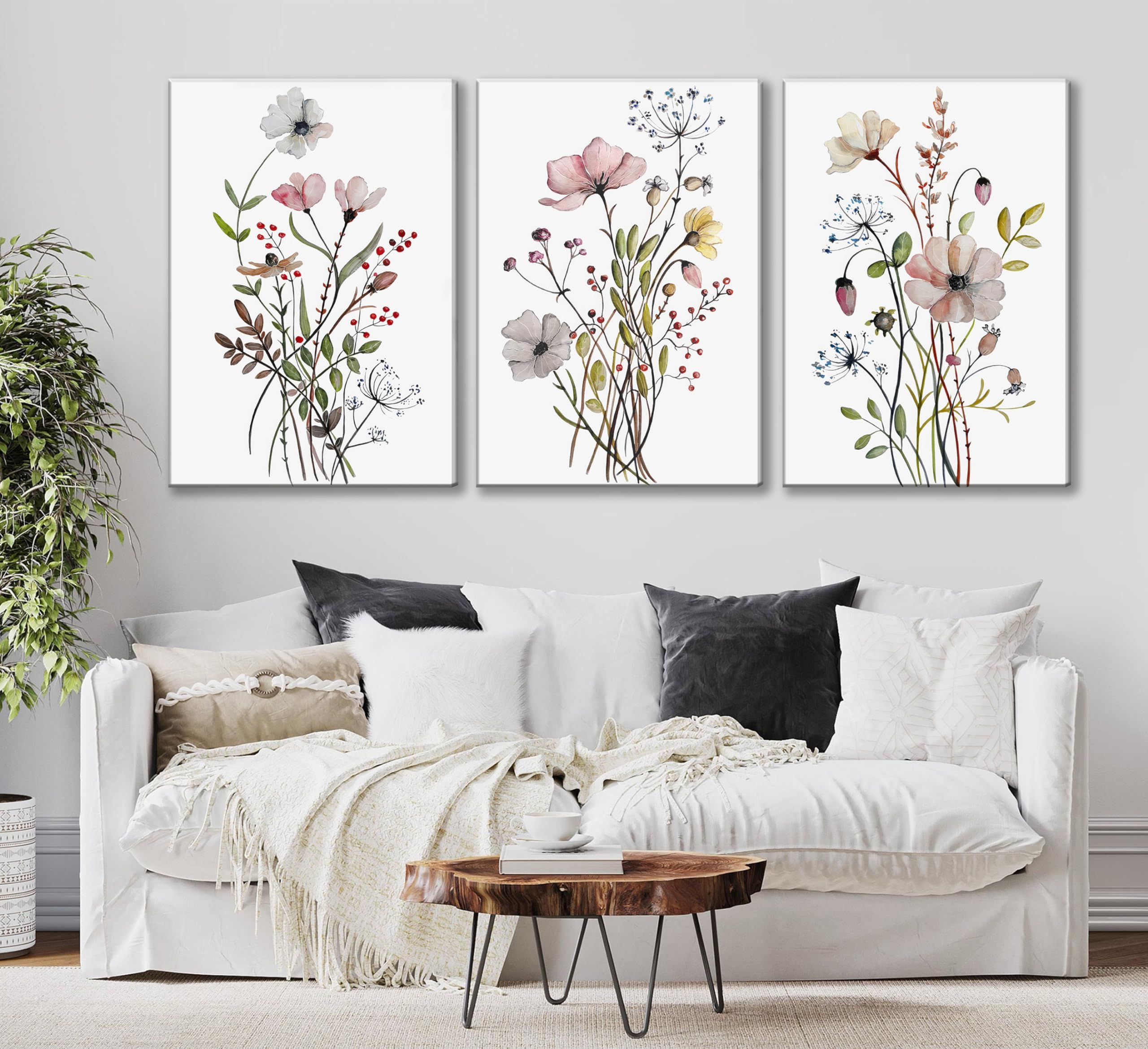 3Pcs Watercolor Wildflower Canvas Wall Art Modern Minimalist Colorful Botanical Floral Painting Pictures Wall Decor Flower Poste
