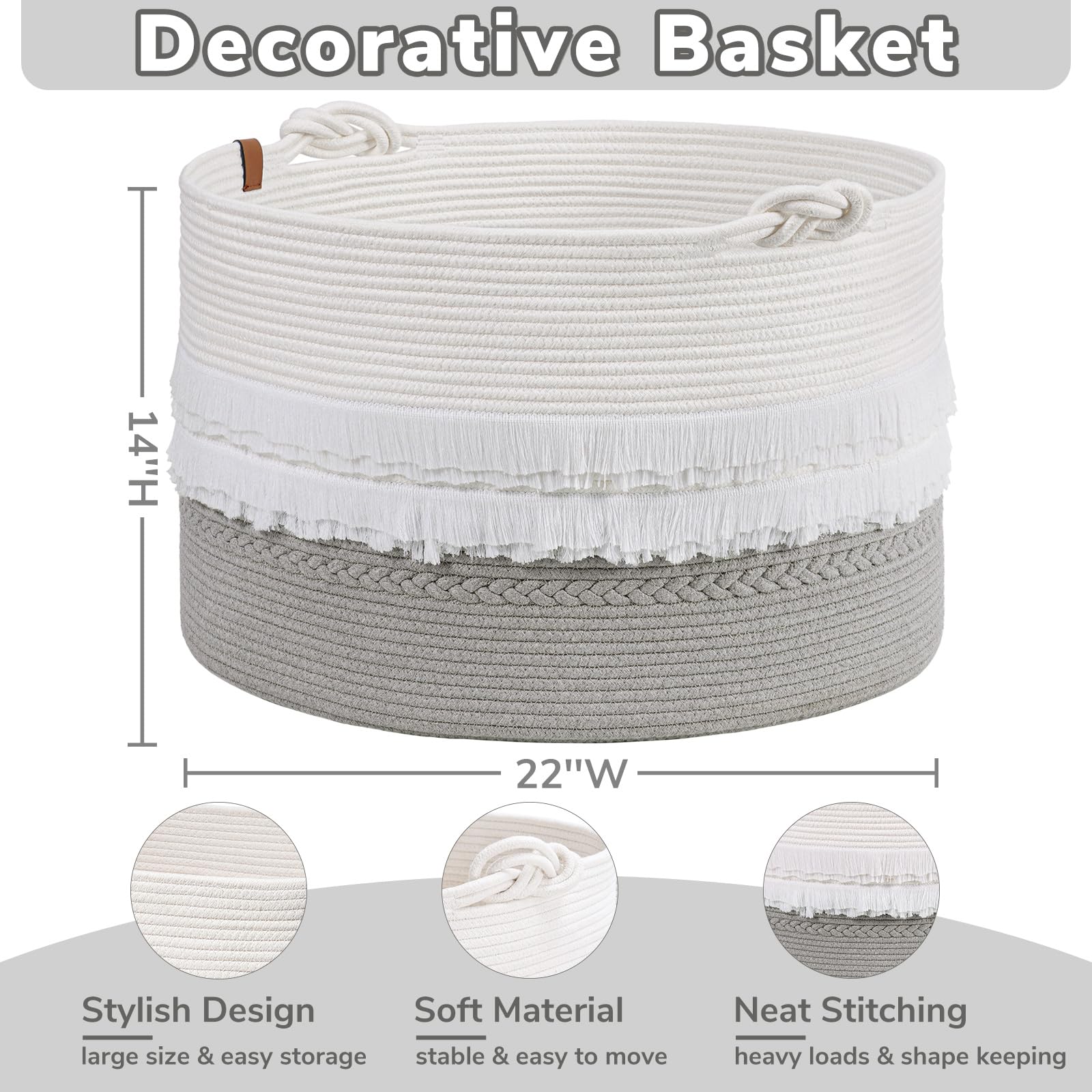 Cherrynow Extra Large Rope Basket For Toys, Grey Blanket Basket For Living Room, Entryway, Nursery Laundry Basket For Clothes, 2