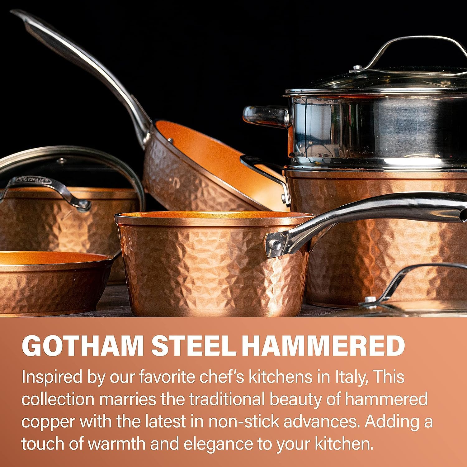 Gotham Steel Hammered Copper 10 Pc Pots and Pans Set Non Stick Cookware Set, Non Toxic Ceramic Cookware Set, Kitchen Cookware Se