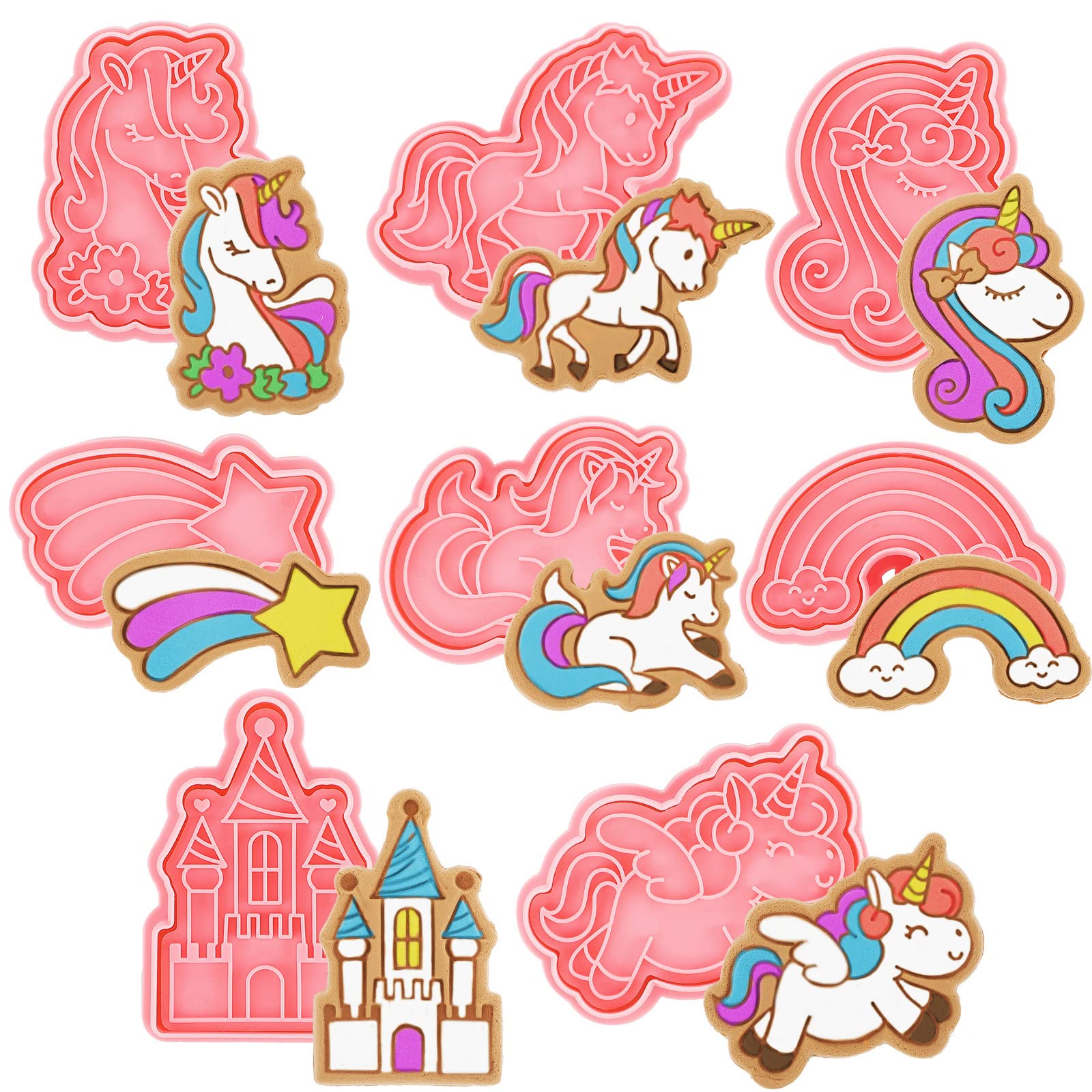 8 Pcs Unicorn Cookie Cutters With Plunger Stamps Set Unicorn Shape Embossing Cookie Stamp Pink Animal Unicorn Cracker Mold 3D Co