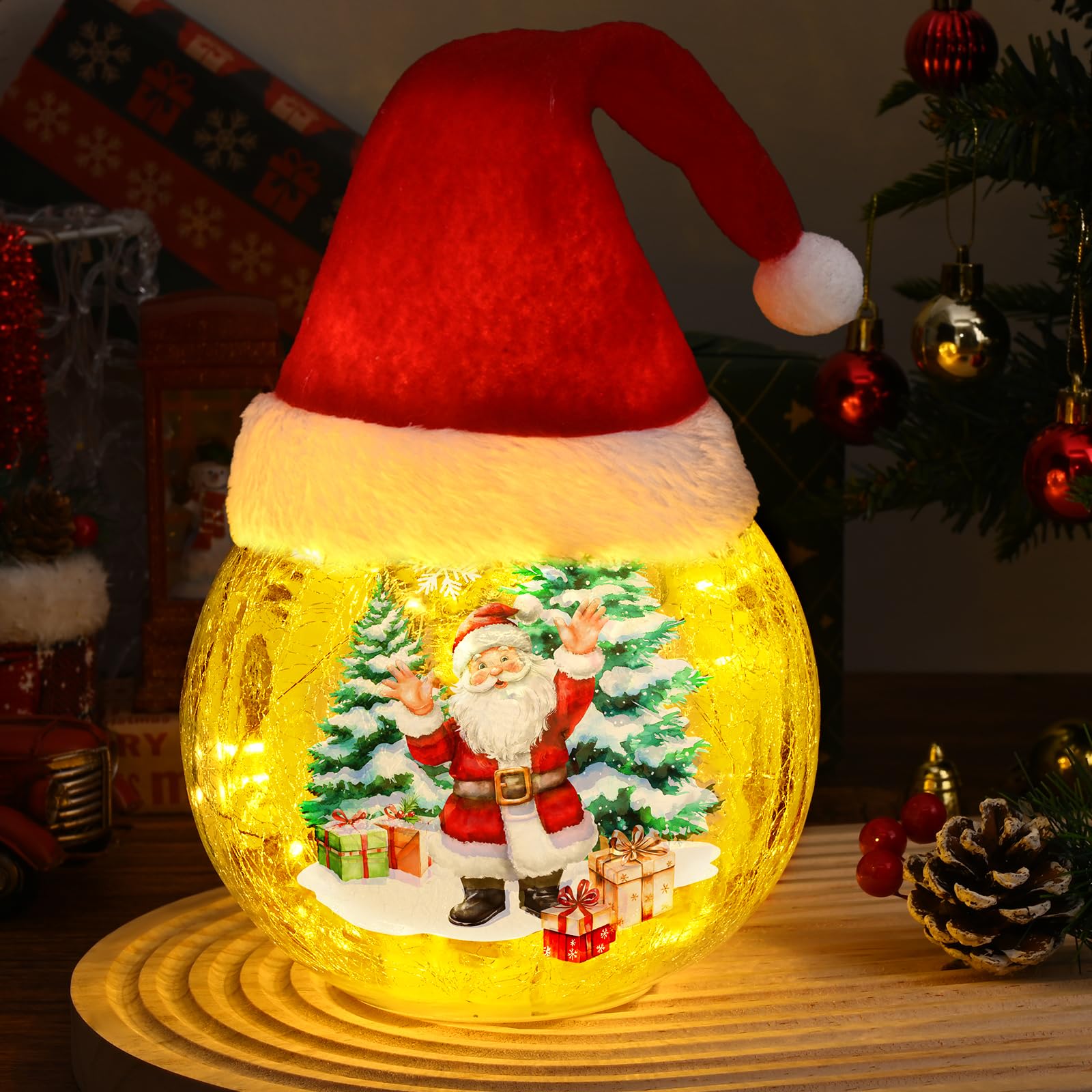 Yinhua Christmas Decorations Indoor, 5.9 Light Up Christmas Tree Crackle Glass Balls, Lighted Deer Santa Snowman Globe Light wit