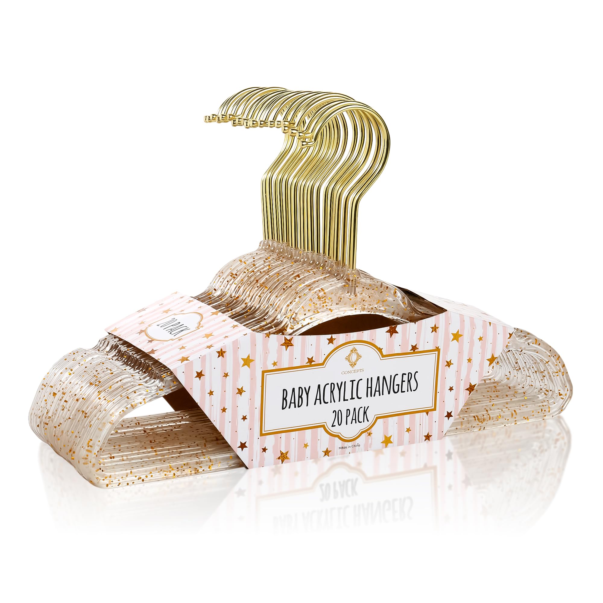 Concepts 20 Pack Premium Heavy Duty Gold Glitter Acrylic Kids Hangers, Elegant For Baby Nursery Space-Saving Non-Slip Clothes Ha