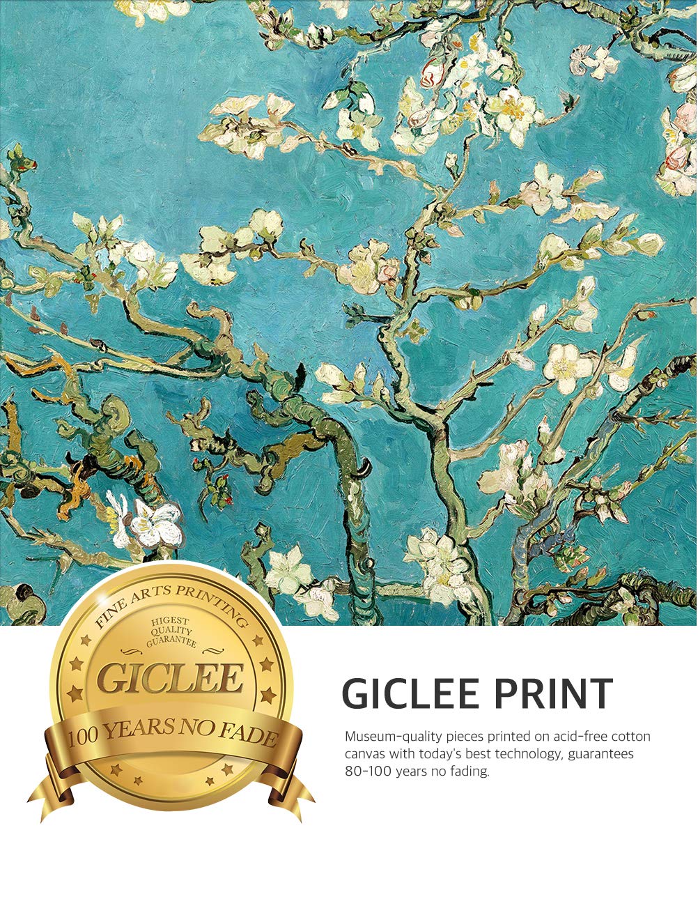 Decorarts - Almond Blossom Tree - Vincent Van Gogh. Giclee Print On Canvas With Matching Golden-Relief Framed Wall Art. Picture
