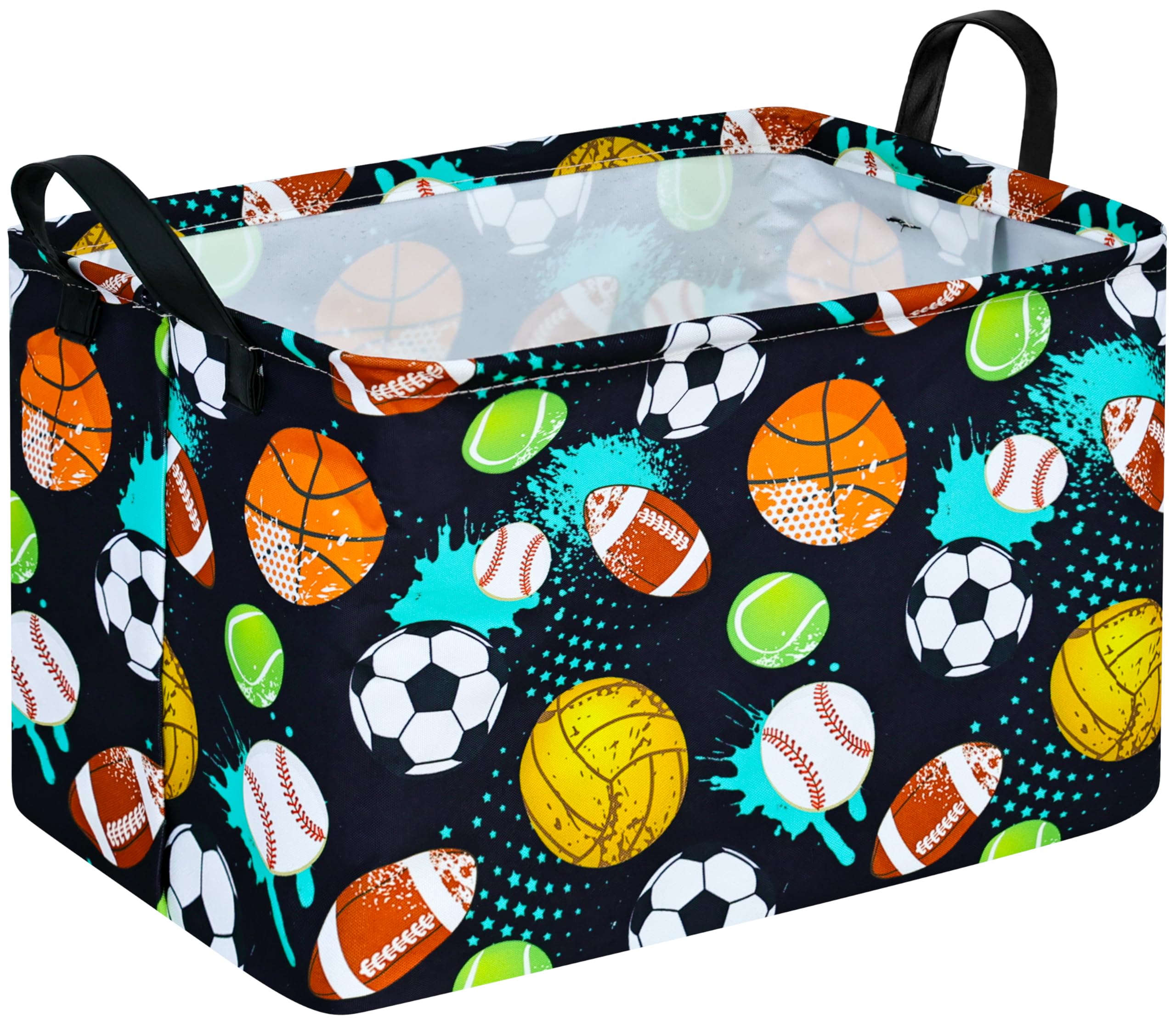 KUNRO Football Basketball Balls Pattern Storage Shelf Basket Baby Storage Bin, Kids Toy Basket Organizer Box with Handles for Bo