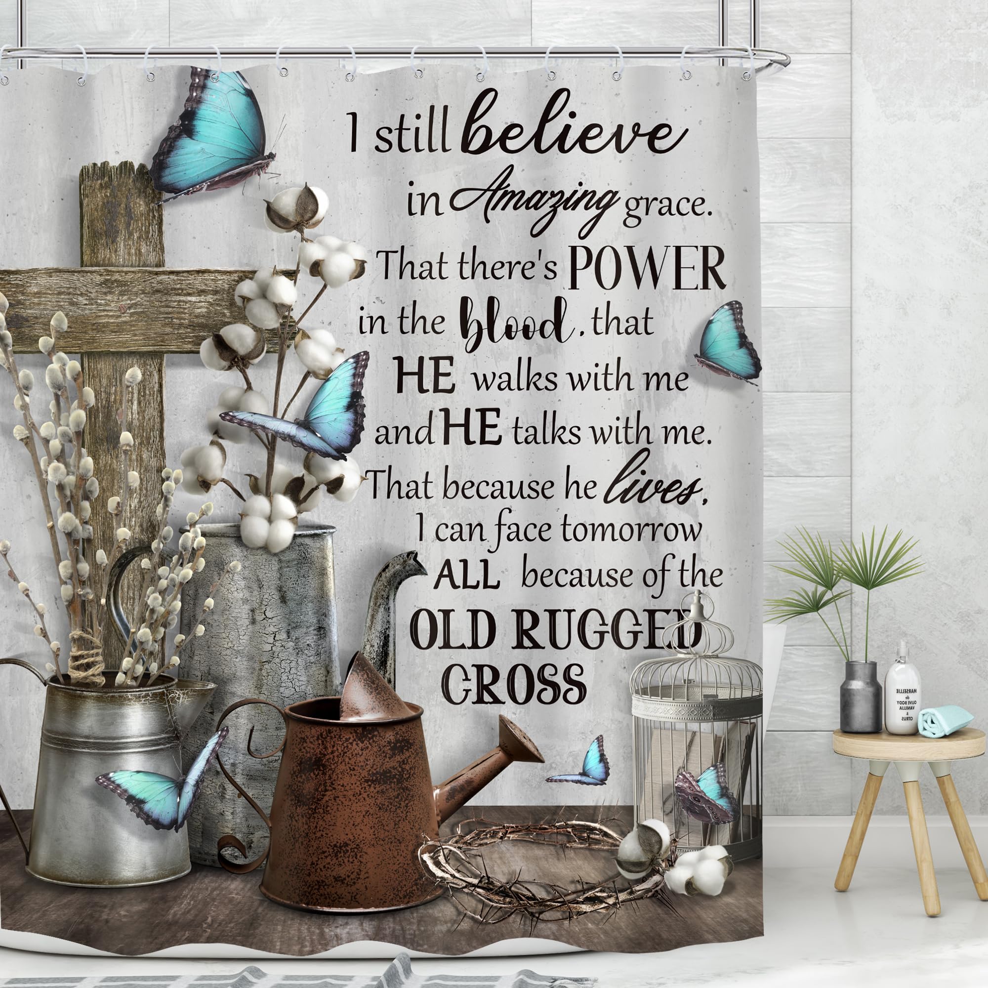 Meshelly Rustic Farmhouse Christian Shower Curtain 60Wx72H Vintage Bible Verse Bathroom Decor Inspirational Quotes Blue Butterfl