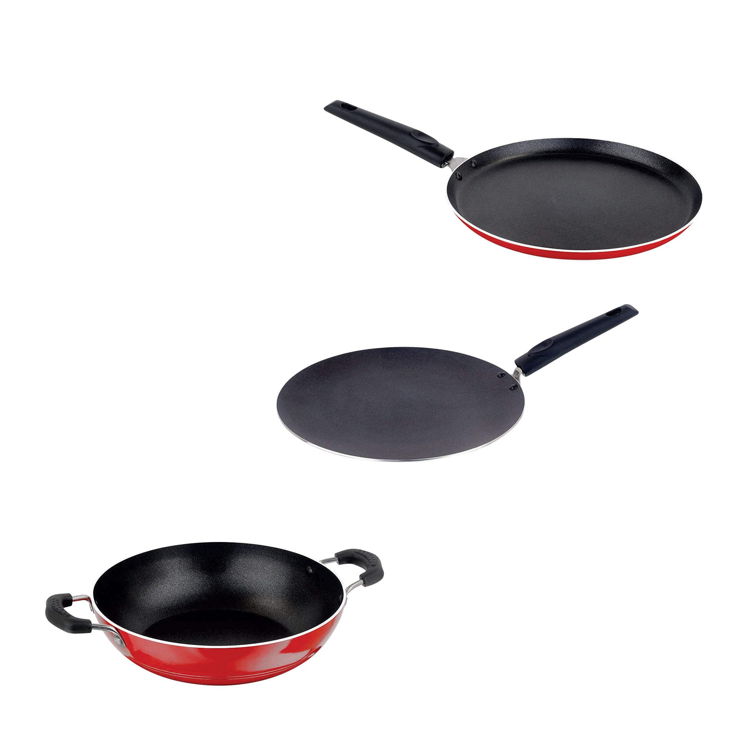Nirlon Nonstick 3Layer Combo Cookware Set 1 Roti Tawa Pan 27.5 Cm, 1 Crispy Dosa Tawa, 1 Kadhai Wok Pan With 1.5 Liter Aluminiu