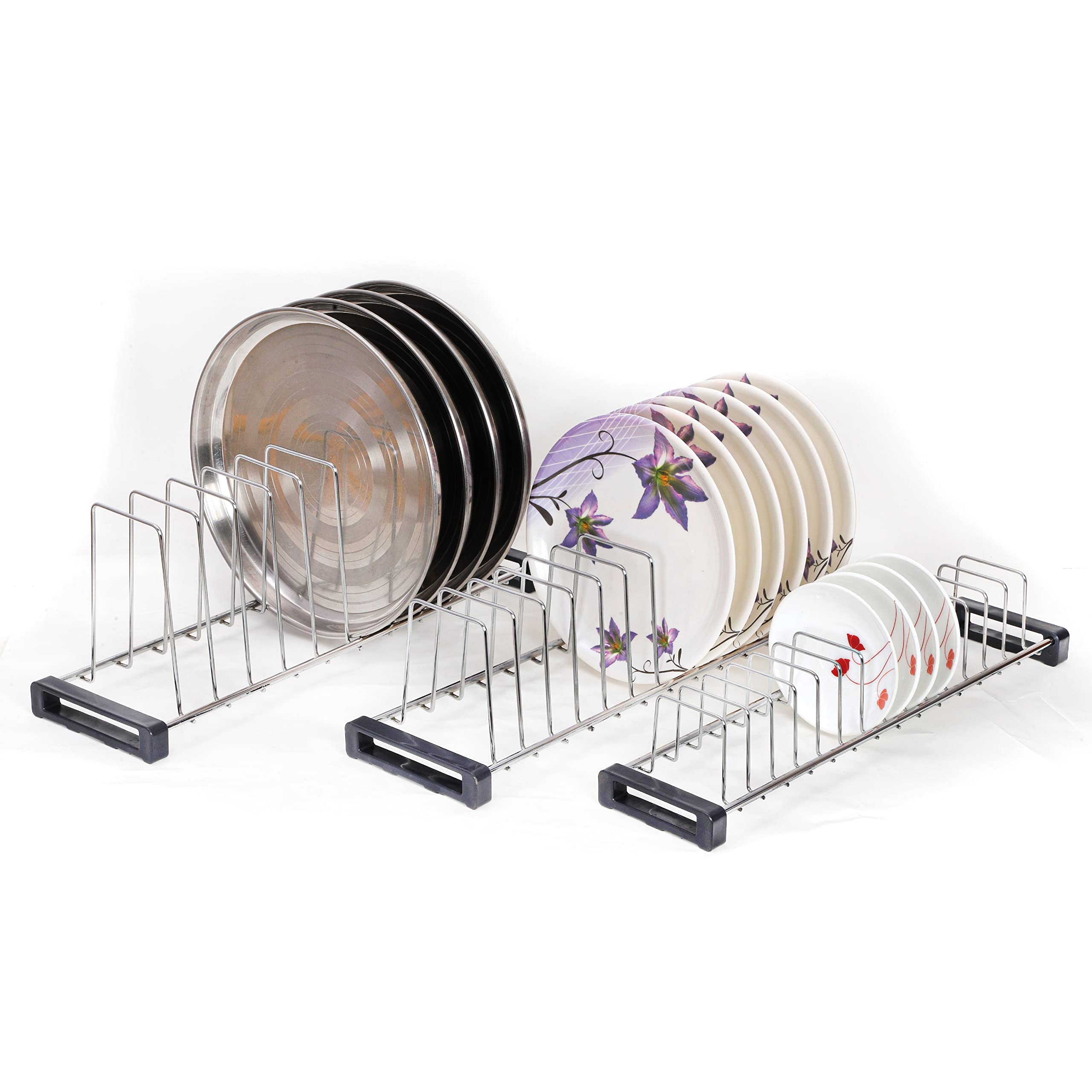 Fit N Forget Stainless Steel Chrome Finished Tandem Rack/Cup Saucers/Plate/Thali/Utensil Holder/Dish Rack (Combo Of 3)