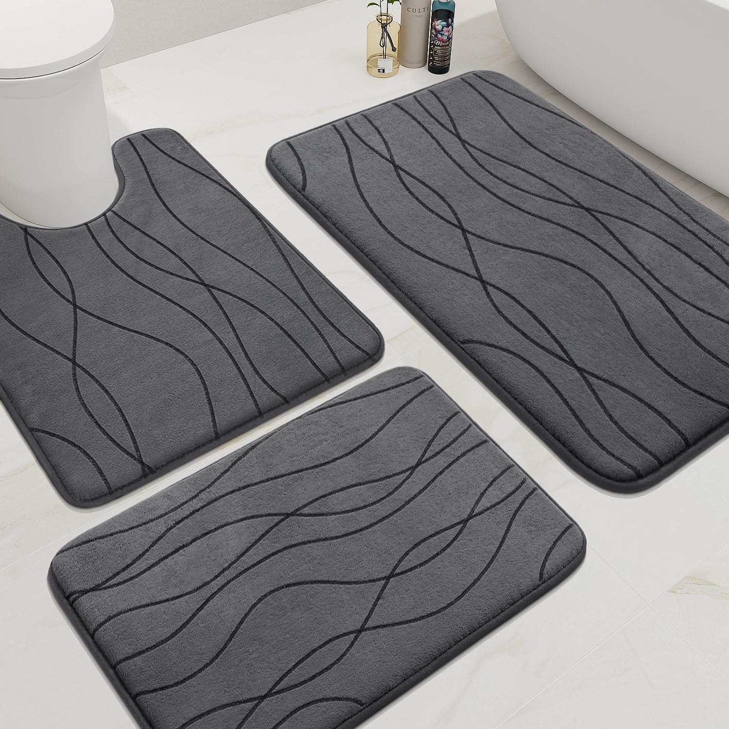 Yihouse Memory Foam Bathroom Rug Set, 3 Pieces - Dark Grey (Ultra Soft, Absorbent, Non-Slip, Machine Washable)