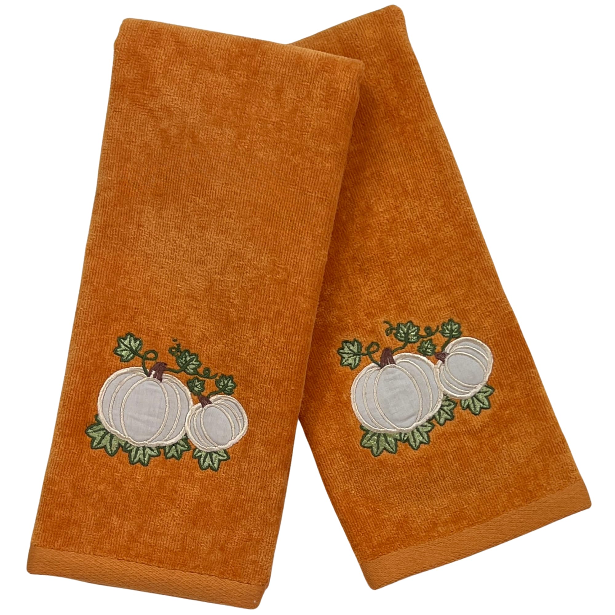 Harvest Fall Hand Towels: Plush Rust Orange Cotton Towels With Pumpkin Leaf Design Set Of 2, 16'' X 25'' Inch