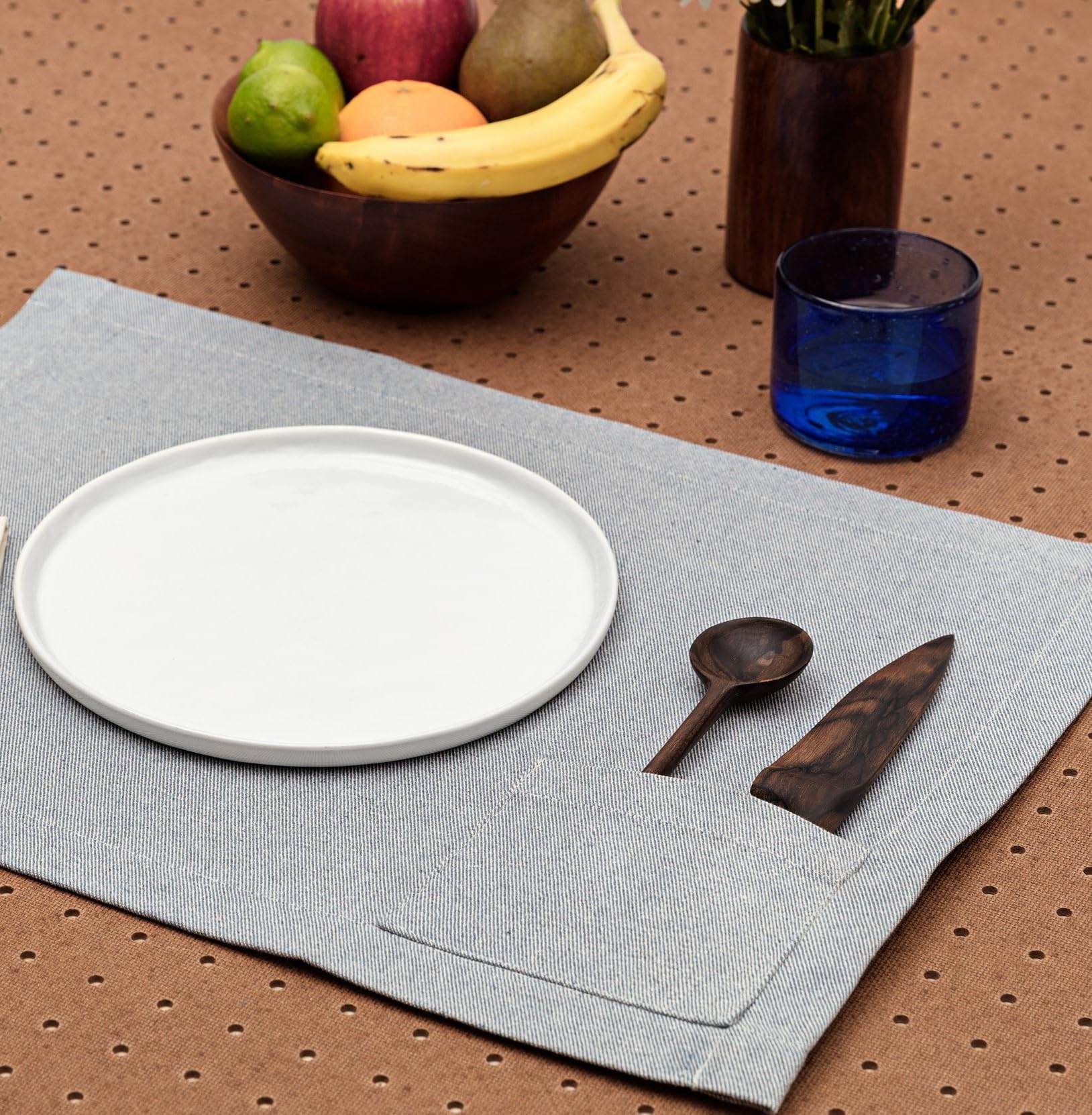 Meema Cloth Placemats With Pockets Set Of 4 | 14 X 20 In | Recycled Denim And Cotton Farmhouse Placemats - Blue With Pocket | Wa