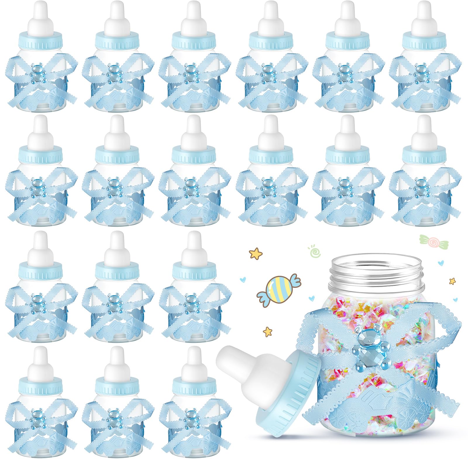 Nuenen 36 Pcs Baby Shower Milk Bottles with Ribbon,Blue,Stylish