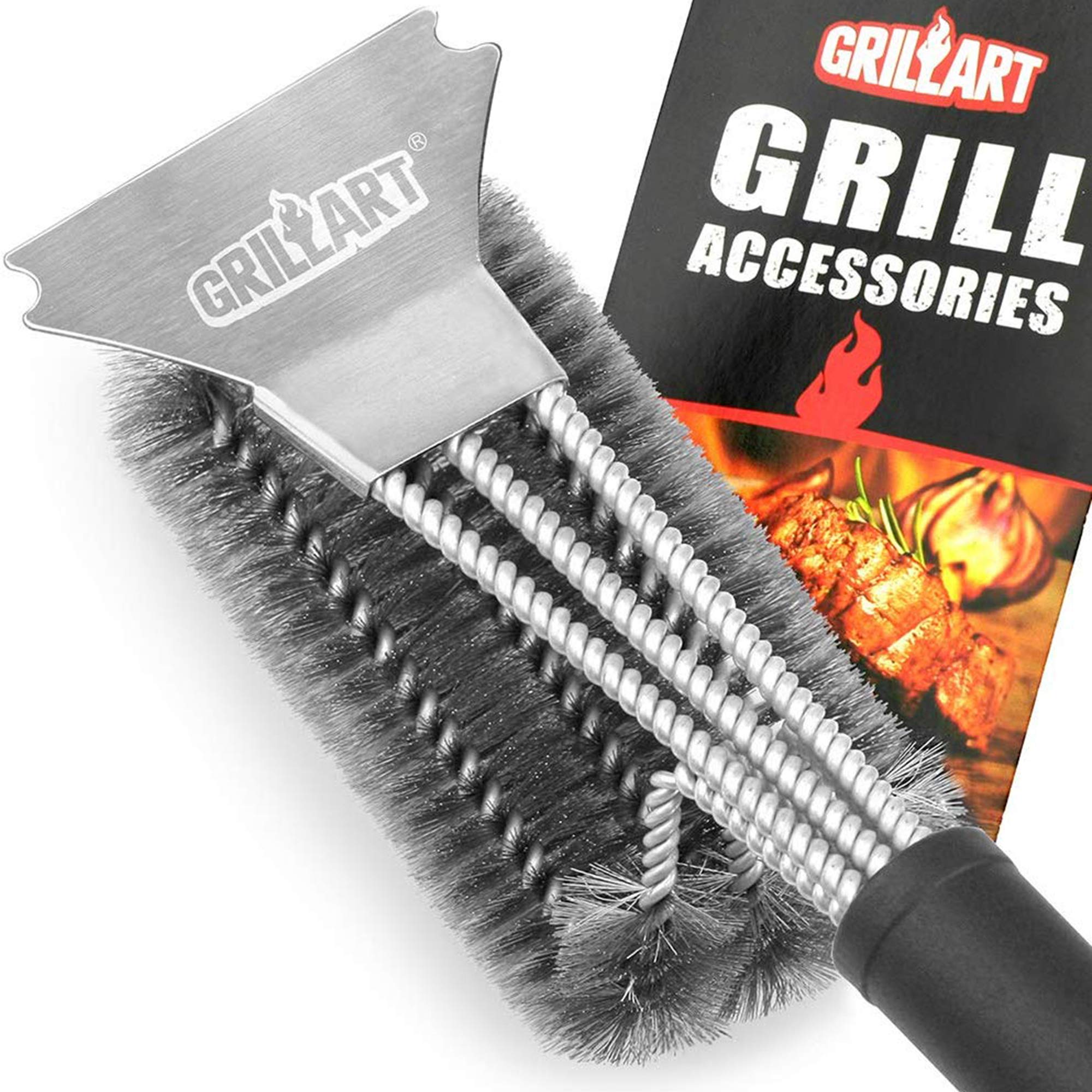 GRILLART Grill Brush and Scraper BBQ Brush for Grill, Safe 18 Stainless Steel Woven Wire 3 in 1 Bristles Grill Cleaning Brush, B