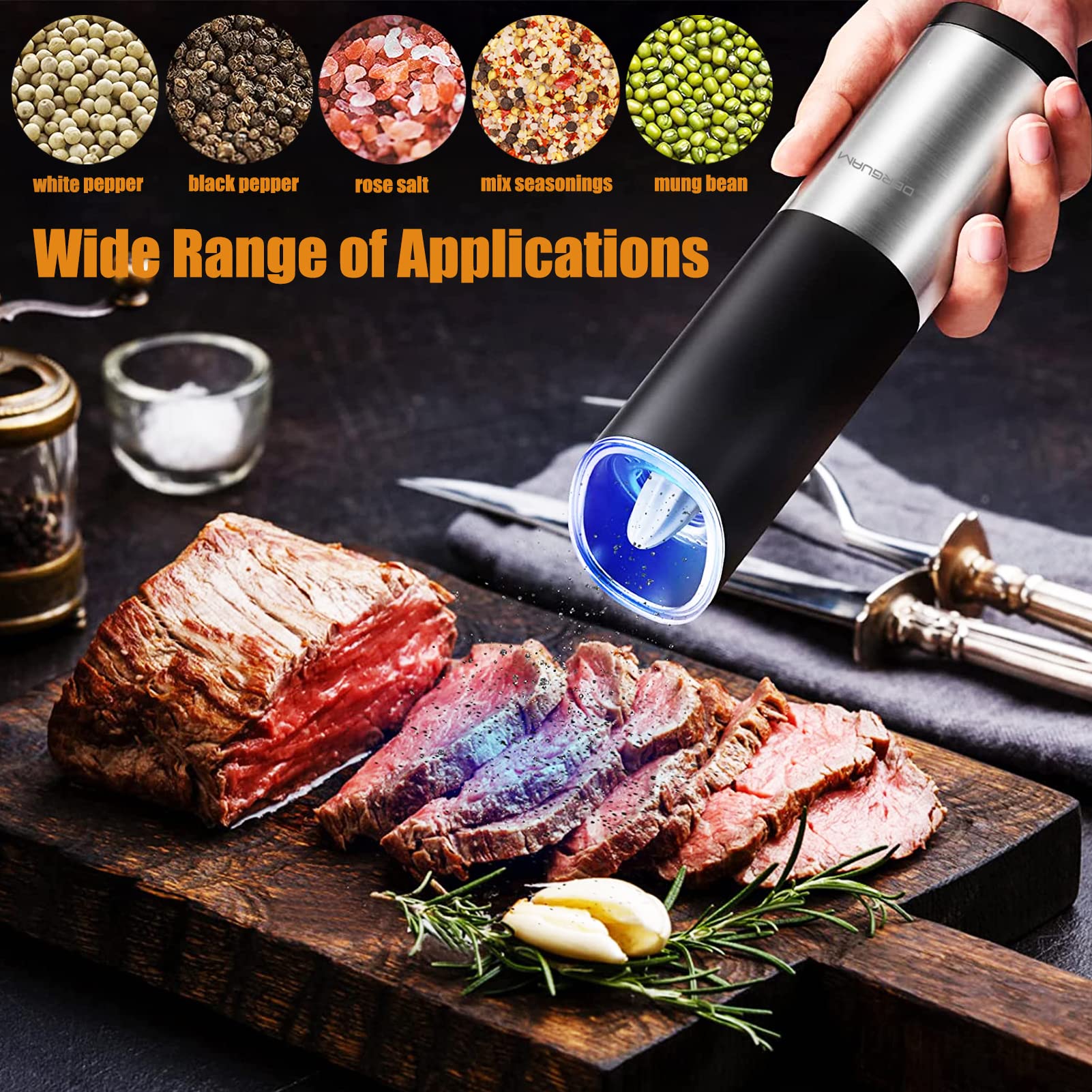 Derguam Gravity Electric Salt And Pepper Grinder Set, Stainless Steel Automatic Pepper And Salt Mill Grinder, Salt Grinder Spice