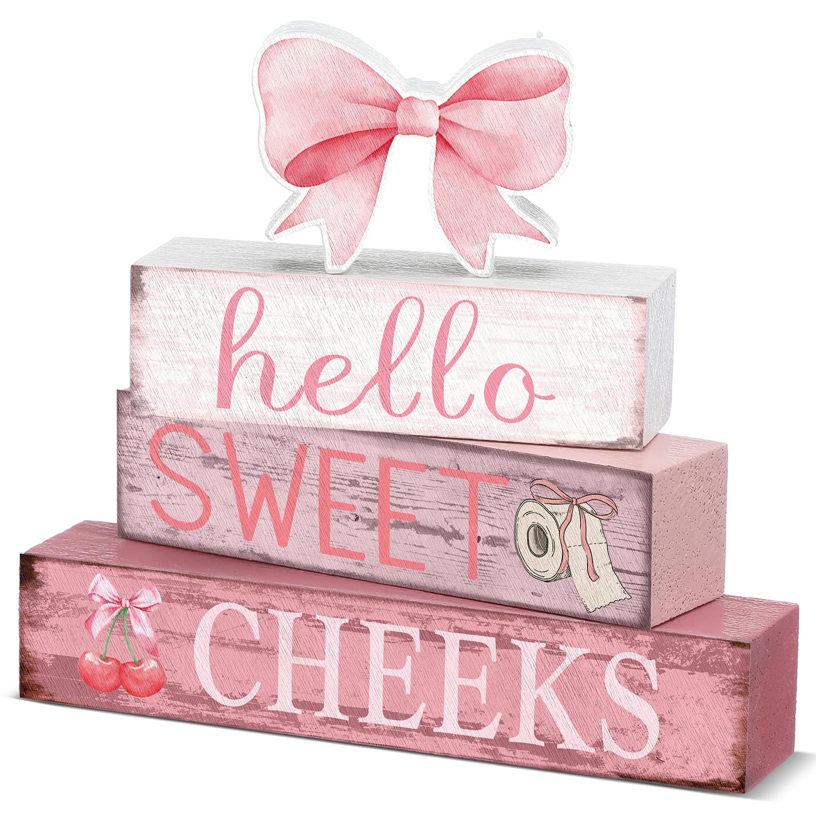 Cinnvoice 4 Pcs Pink Bow Bathroom Decor Farmhouse Bathroom Decoration Hello Sweet Cheeks Table Centerpiece Gift for Christmas Va