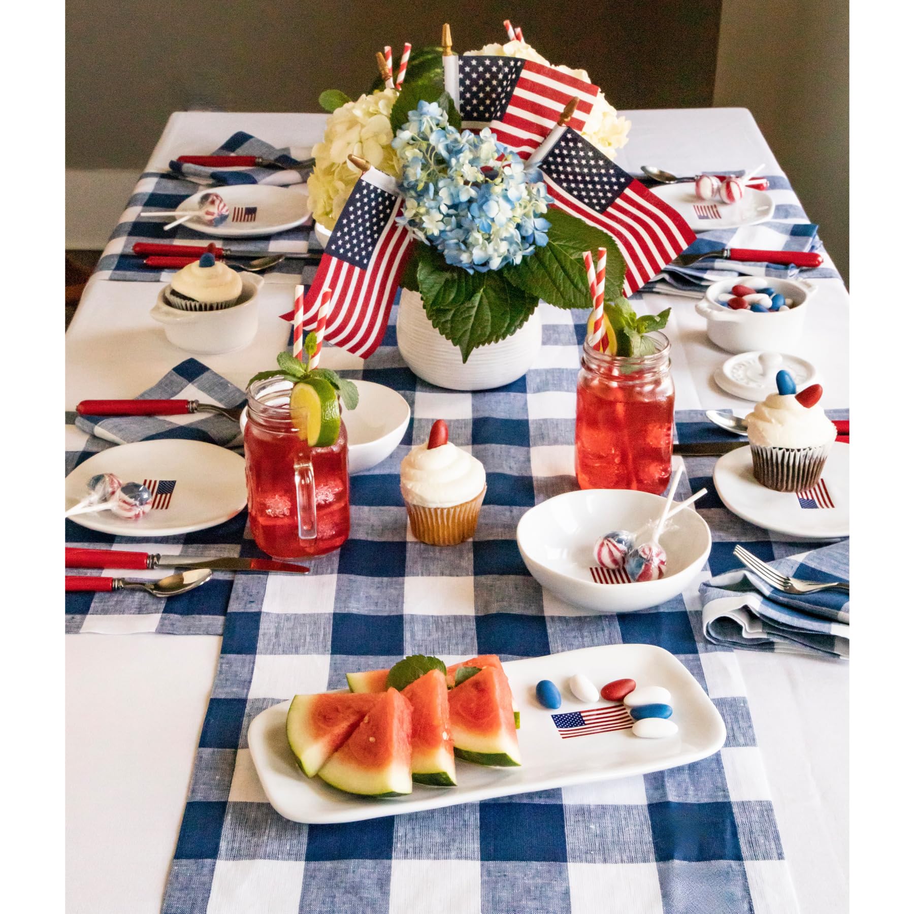 Solino Home Buffalo Check Linen Table Runner 60 Inch - 100% Pure Linen Blue And White Plaid Table Runner 14 X 60 Inch Ideal For