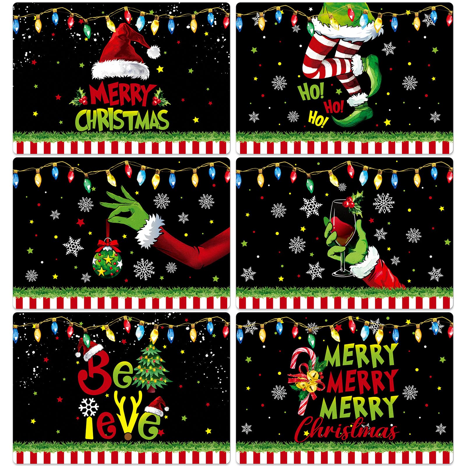 Gandeer Set of 6 Christmas Placemats 17 x 12 Xmas Place Mats Funny Lime Green Hand Placemats Plastic Washable Christmas Table 