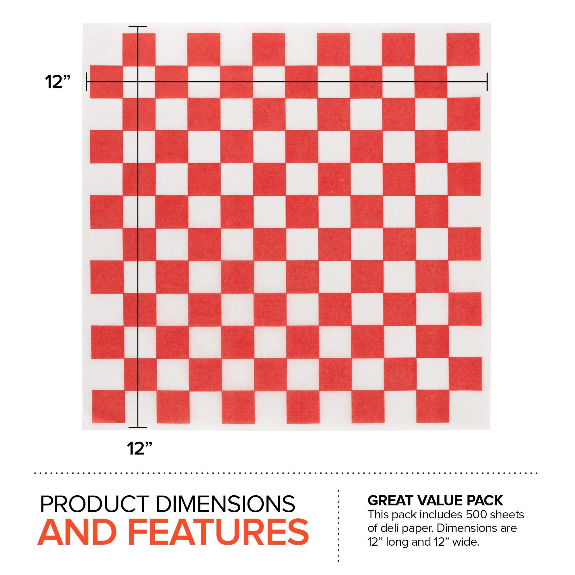 Deli Paper Sheets (500 Count) 12-Inch Red Checkered Square Sandwich Wrapping Paper Grease Resistant Perfect For Concession Stand