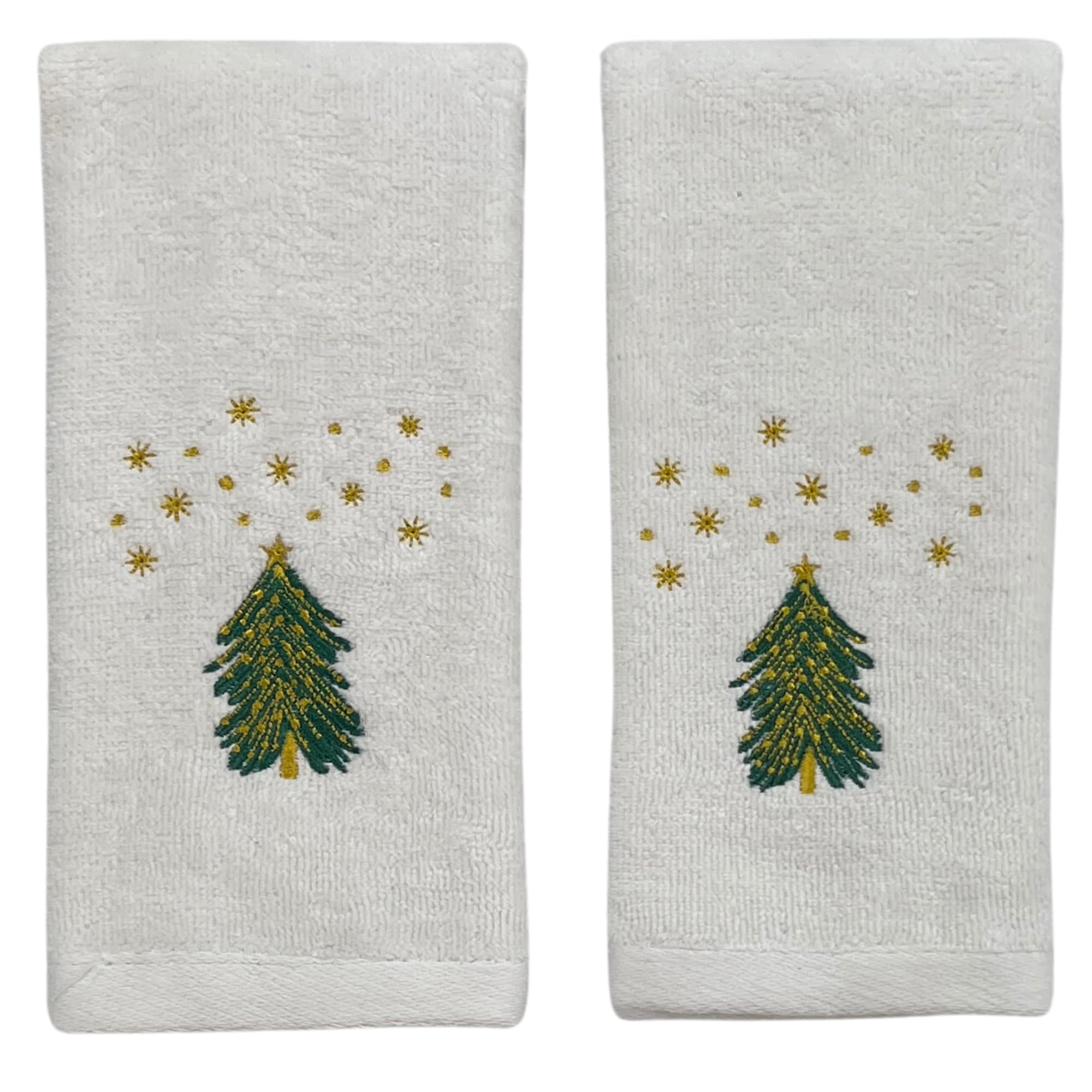 Luxury Holiday Christmas Fingertip Towel Set, Decorated Embroidered Rustic Holiday Tree Under The Stars, Velour Terry Cotton Whi