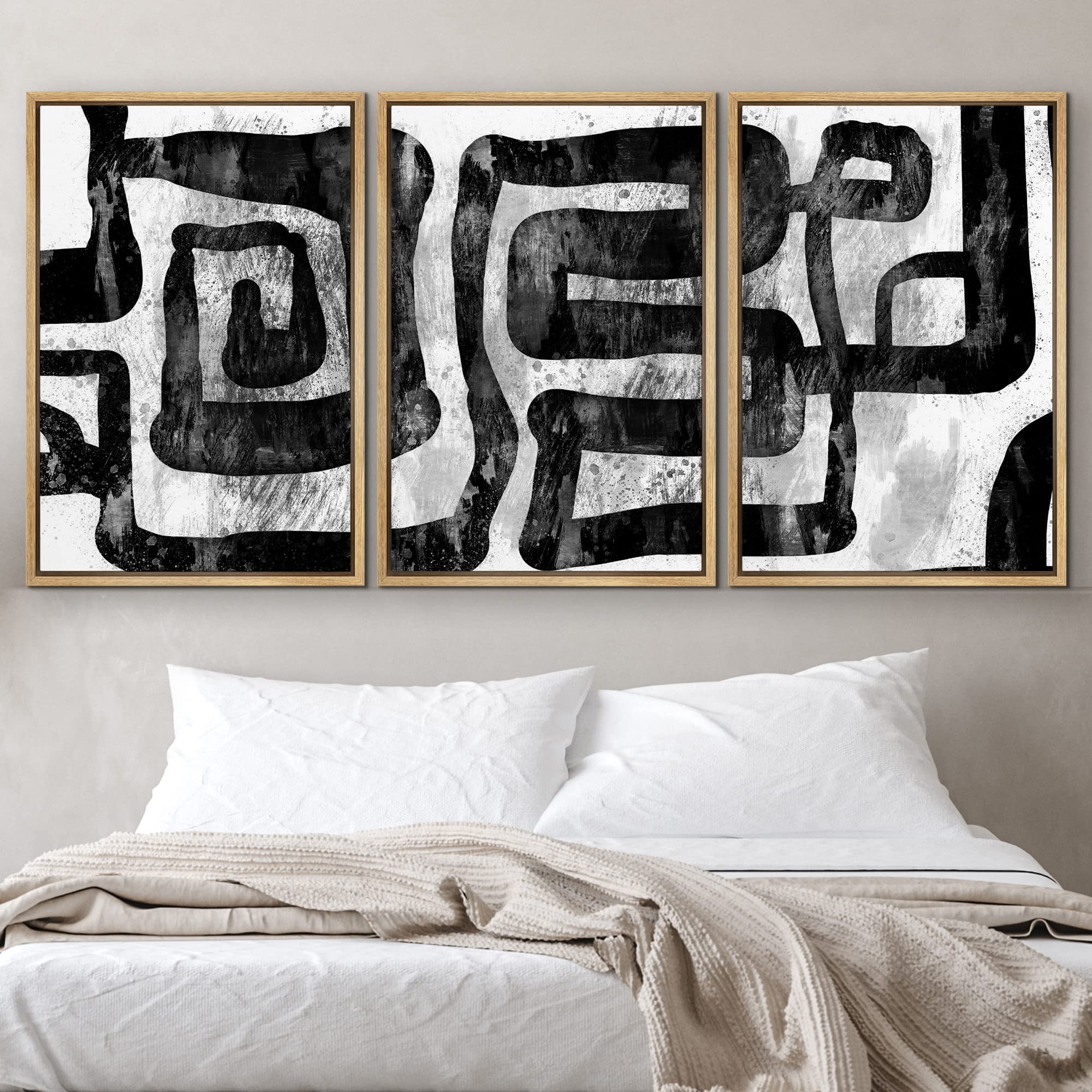Idea4Wall Framed Wall Art Print Set Faded Grunge Style Line Art Pattern Abstract Shapes Illustrations Modern Art Mid-Century Mod