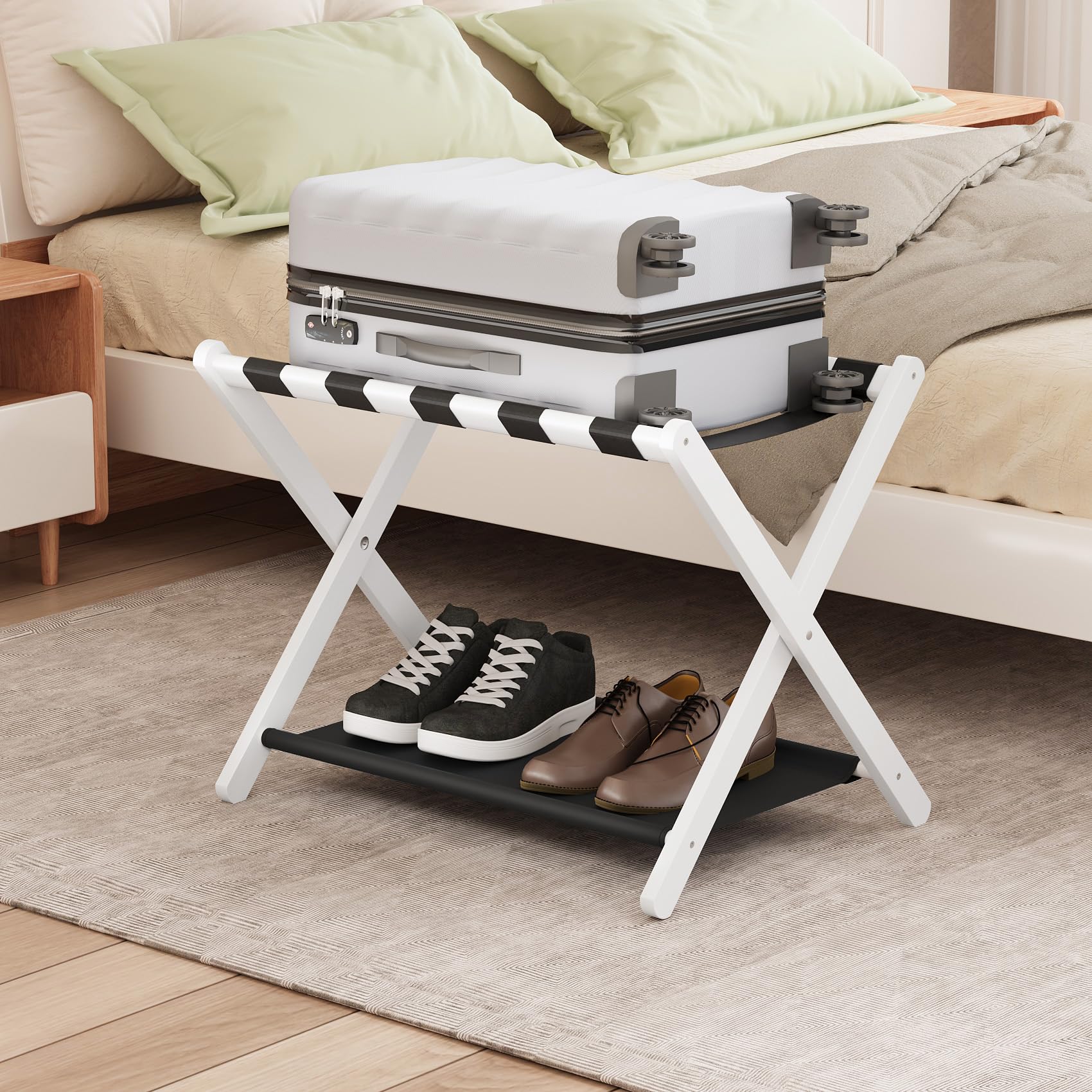 Smuxee White Bamboo Luggage Rack For Guest Room, Foldable Suitcase Stand With Storage Shelf, Easily Assembled Luggage Stand With