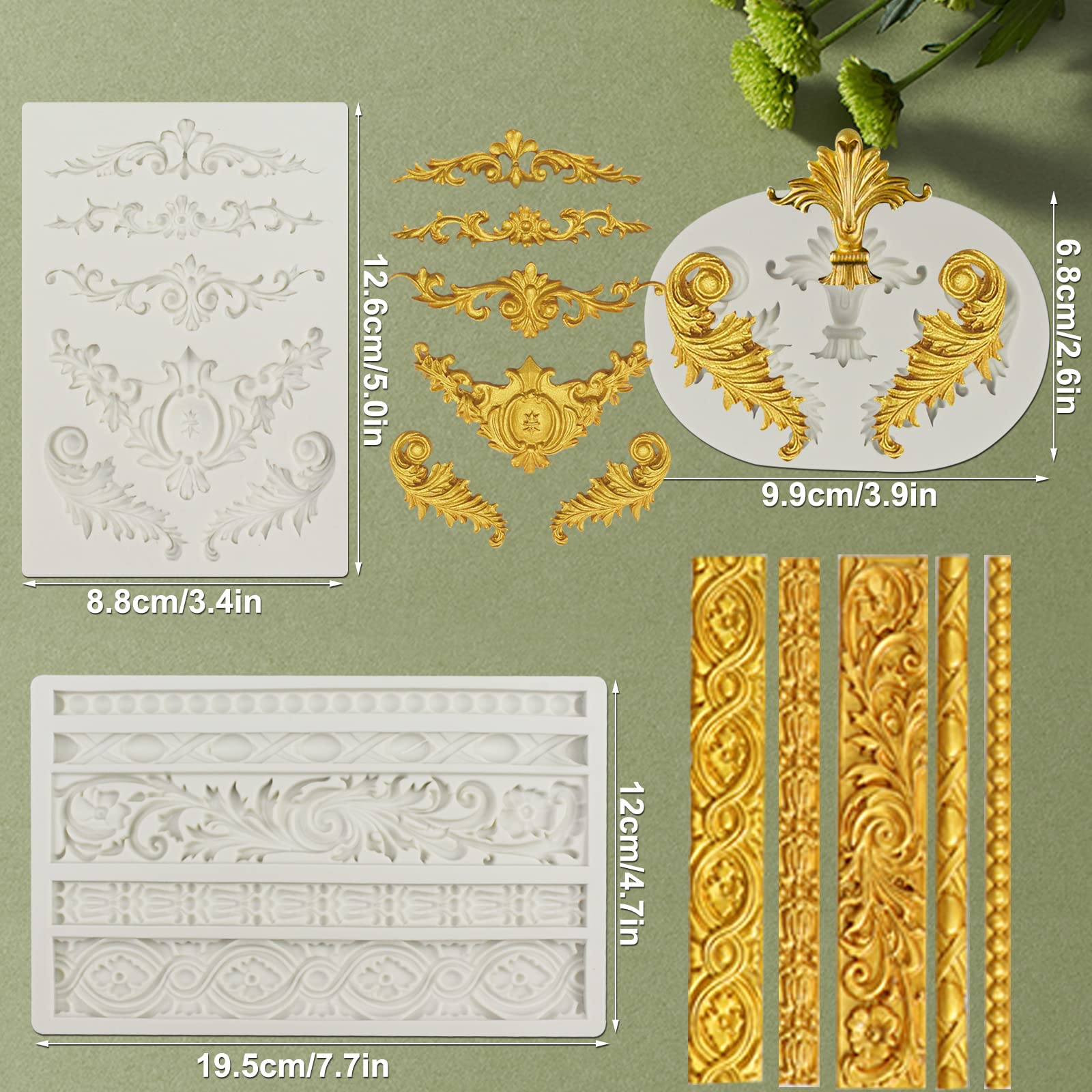 3 Packs Baroque Silicone Fondant Molds Scroll Border Lace Silicone Mold Baroque Silicone Fondant Chocolate Candy Mold For Cake D