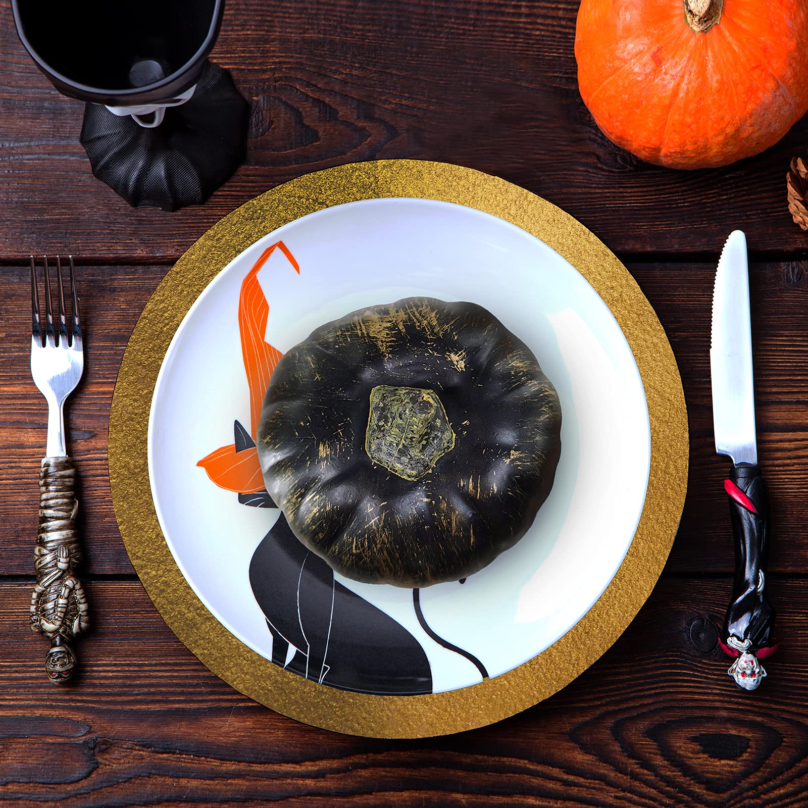 Winlyn 7 Pcs Assorted Artificial Gold Brush Black Pumpkins Rustic Decorative Halloween Faux Foam Pumpkins for Fall Halloween Tha