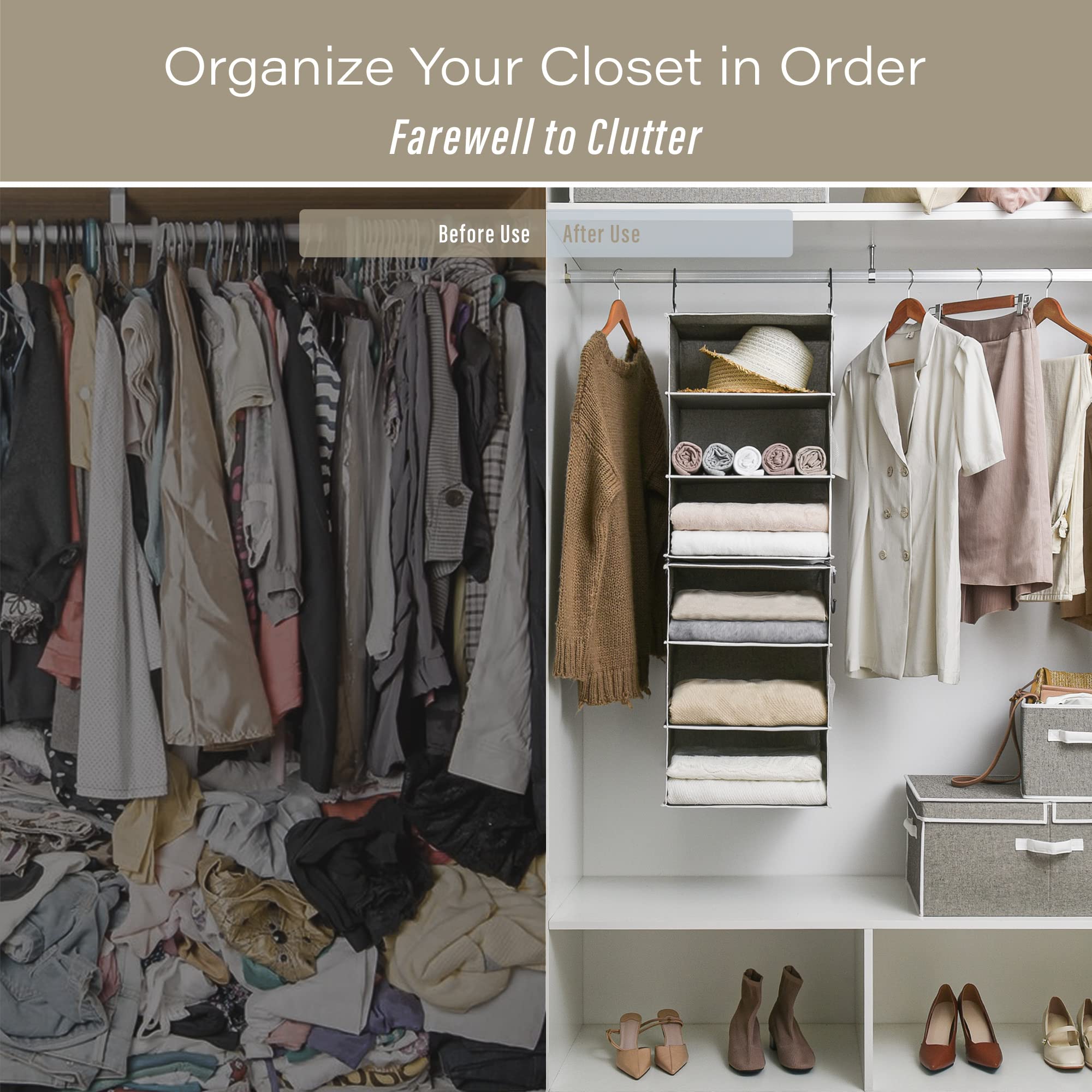 Storageworks 6-Shelf Jumbo Hanging Closet Organizers, Two 3-Shelf Separable Closet Hanging Shelves, Gray, Canvas, 13 '' D X 15 '