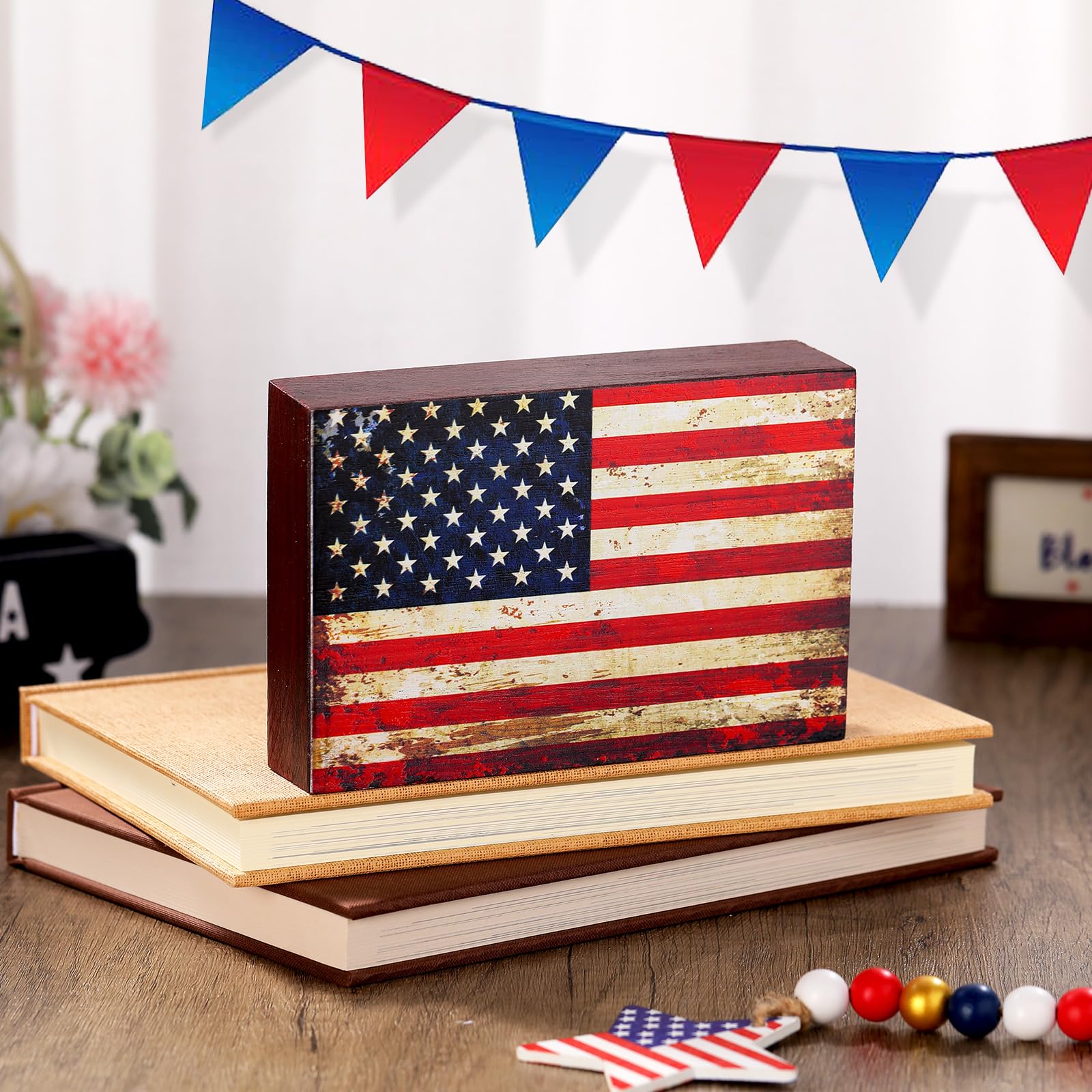 Sintuff Patriotic Wooden American Flag Box Sign Veterans Day Wood Block US Flag Wall Art Tiered Tray Decor for 4th of July Memor