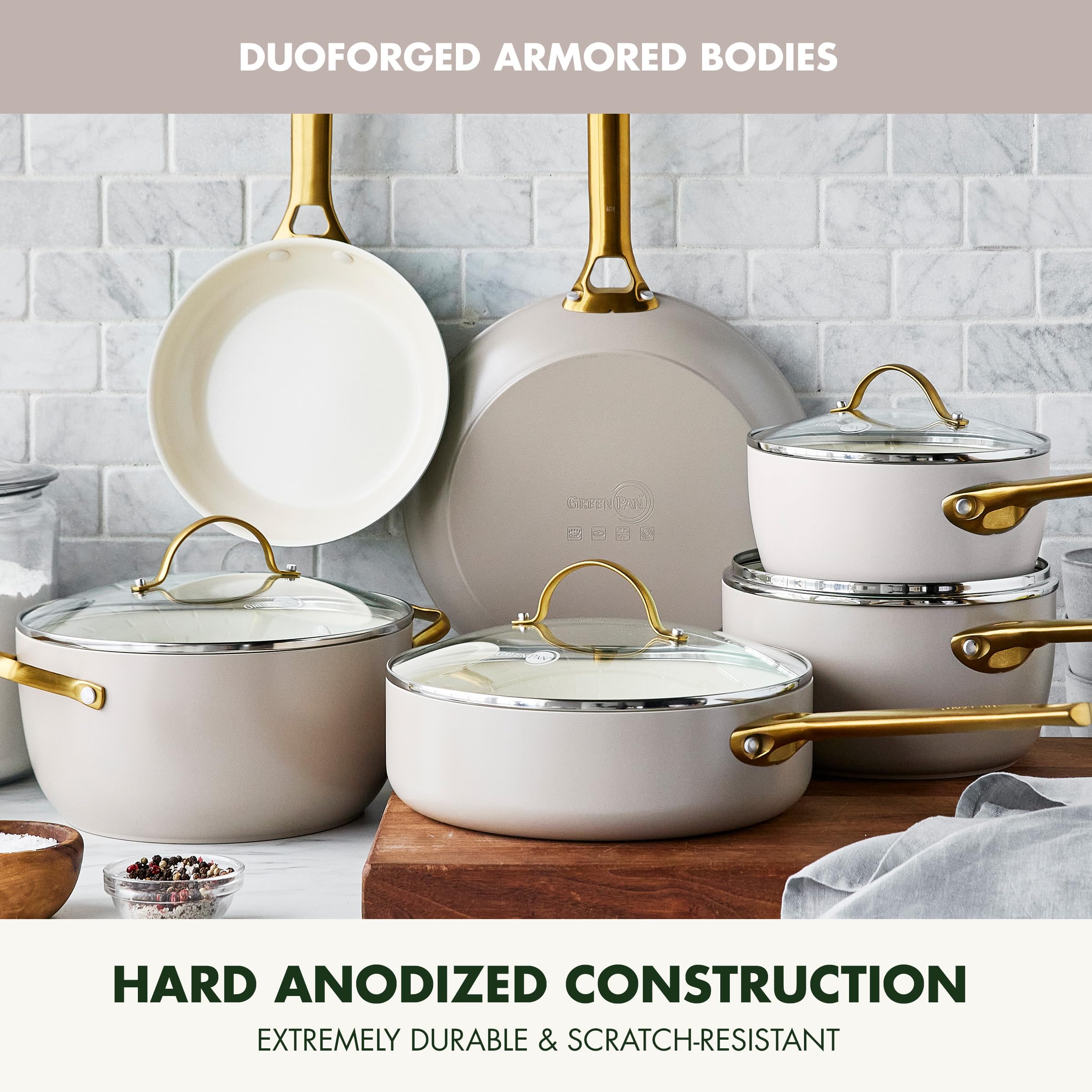 GreenPan Reserve 10 Piece Cookware Set, Non-Toxic PFAS-Free Hard Anodized Healthy Ceramic Nonstick, Stainless Steel Gold Handle,